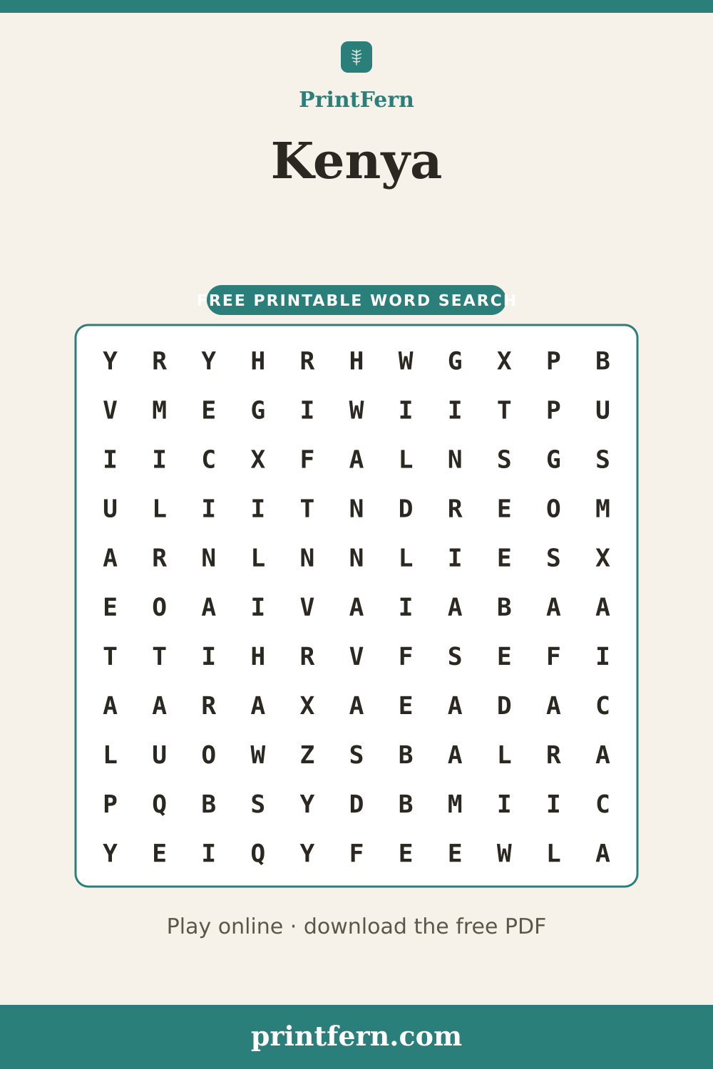 Kenya Word Search, free printable PDF preview