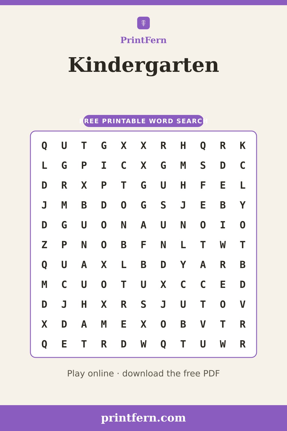 Kindergarten Word Search, free printable PDF preview