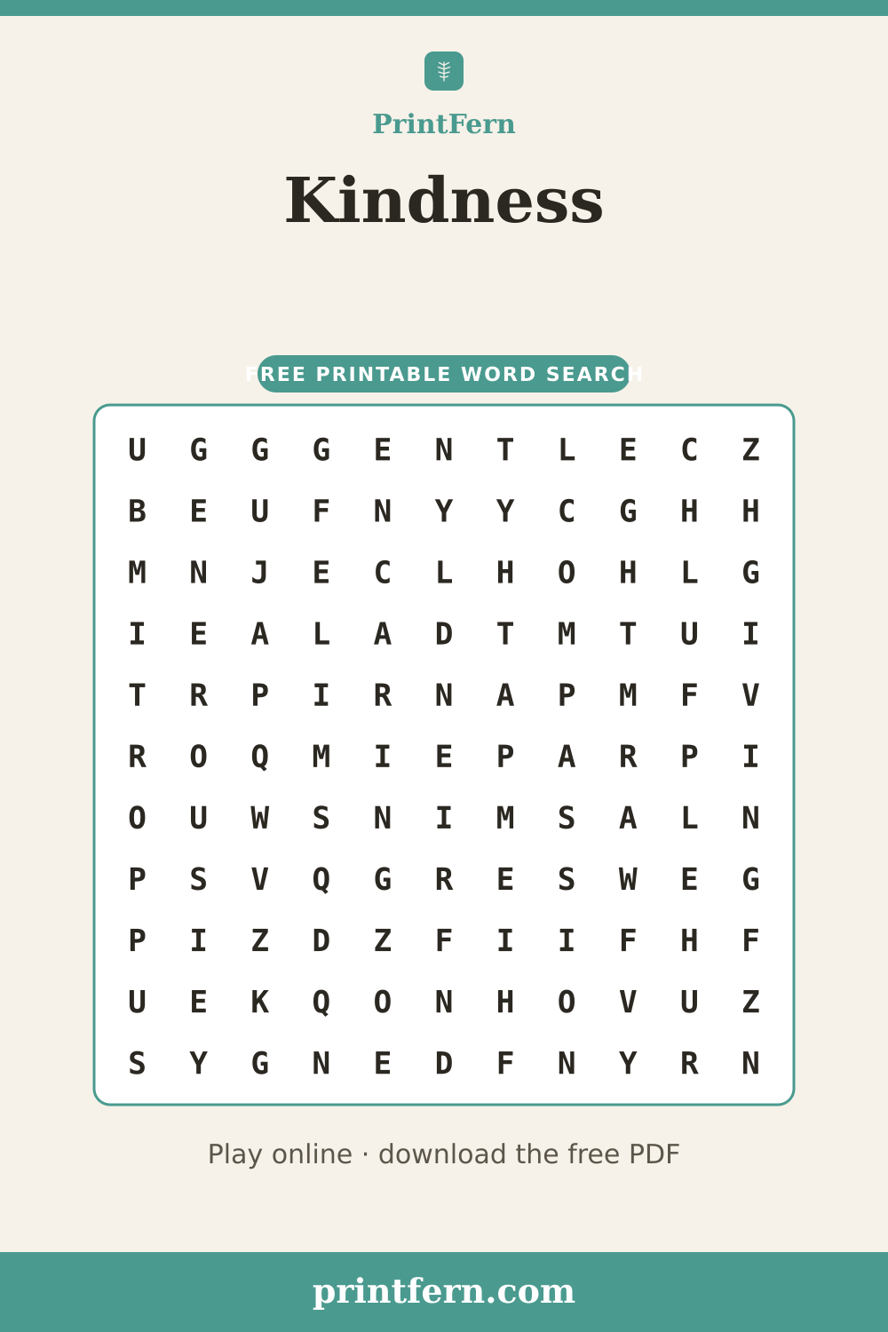 Kindness Word Search, free printable PDF preview