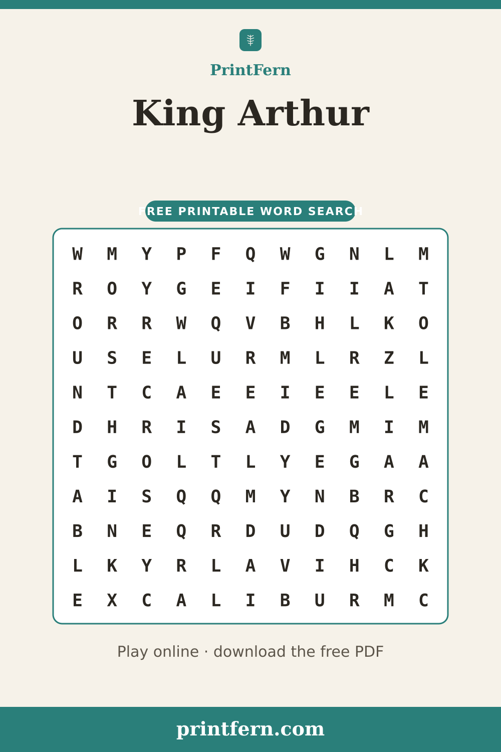 King Arthur Word Search, free printable PDF preview