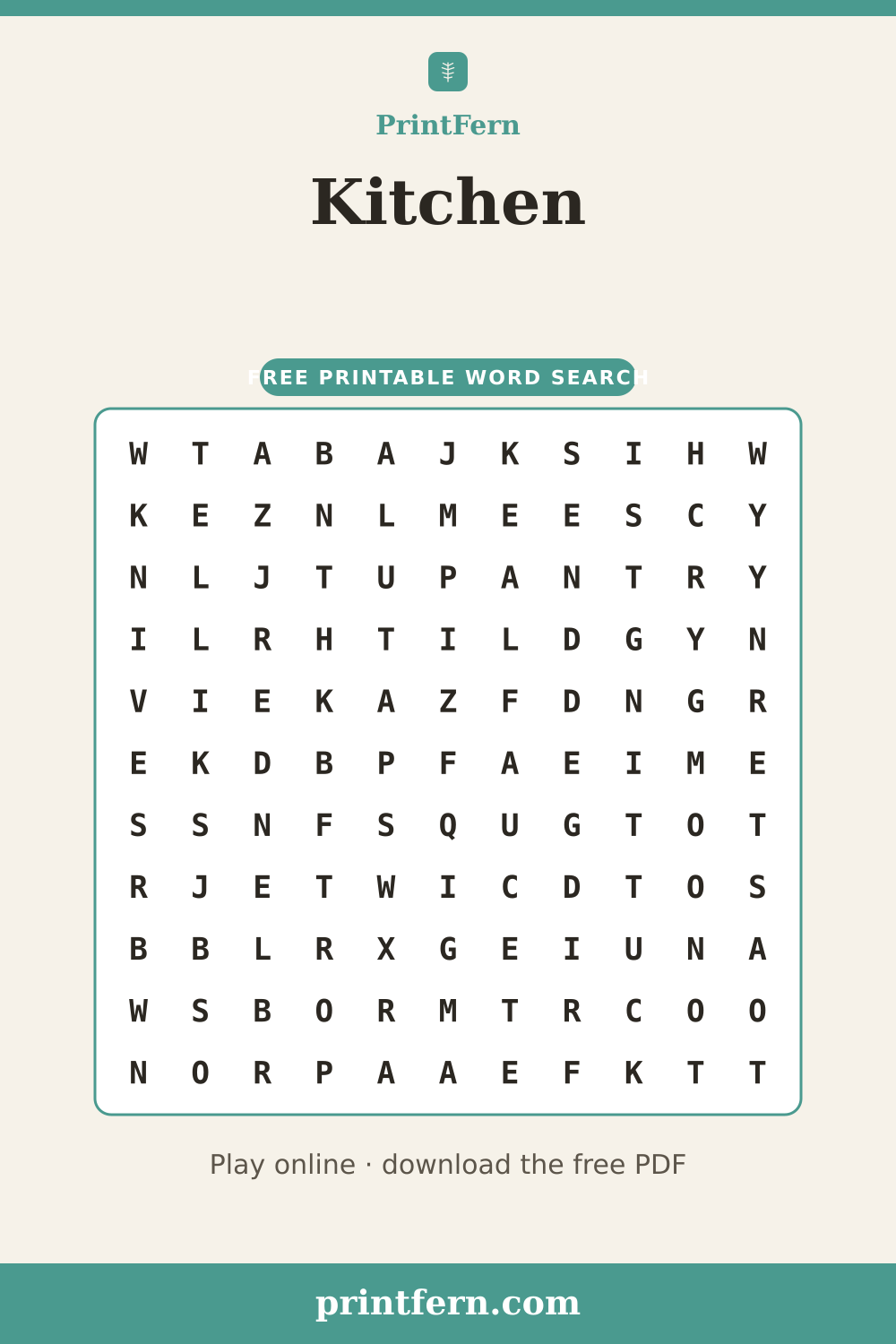 Kitchen Word Search, free printable PDF preview