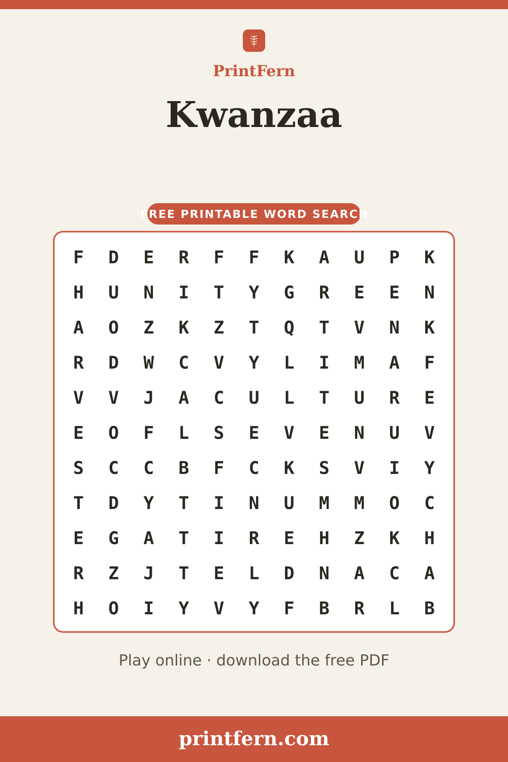 Kwanzaa Word Search, free printable PDF preview