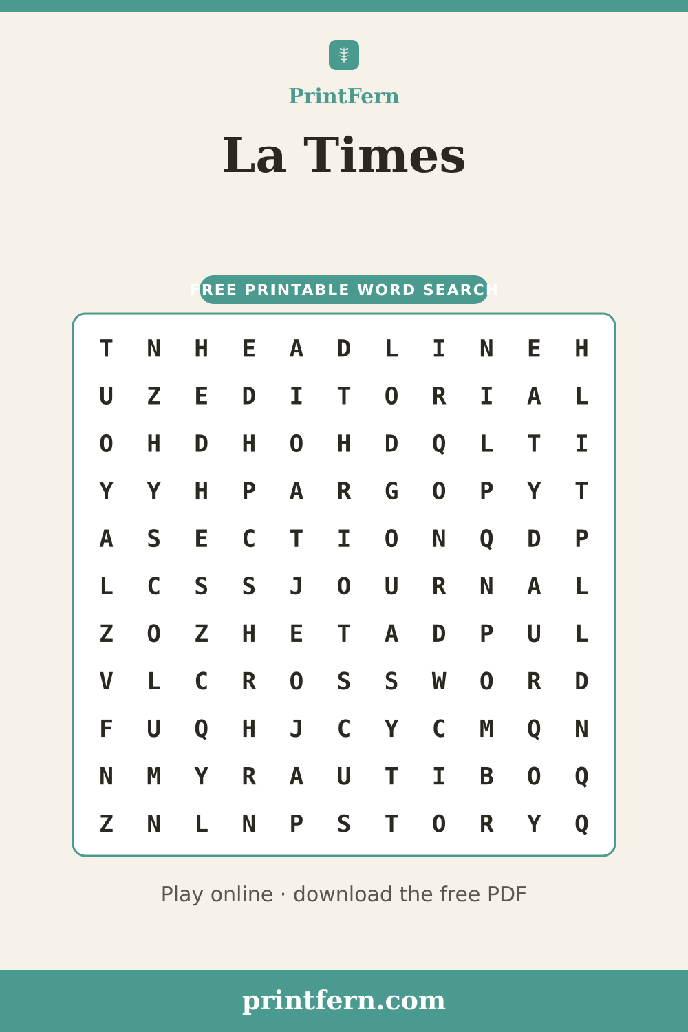 La Times Word Search, free printable PDF preview