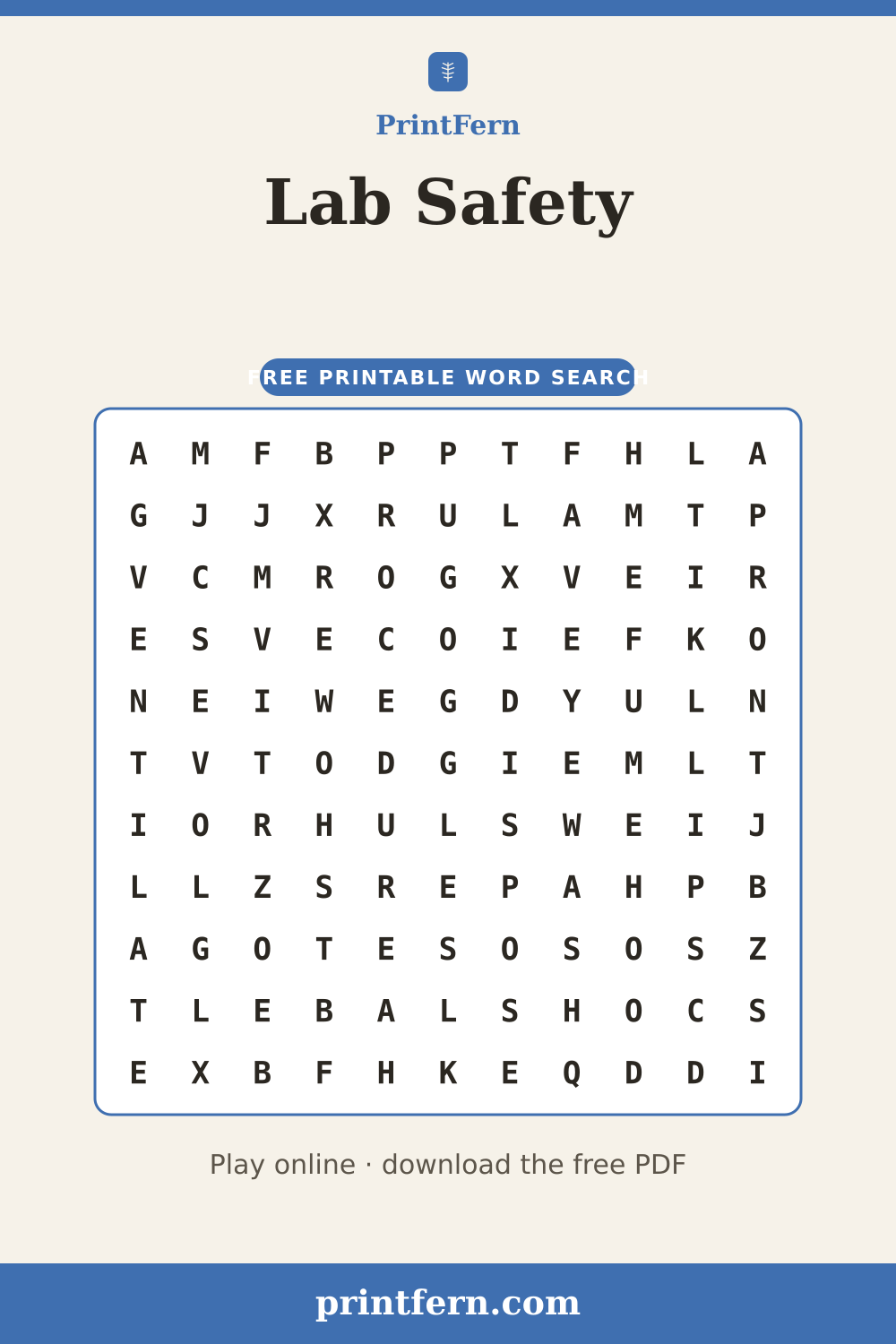 Lab Safety Word Search, free printable PDF preview