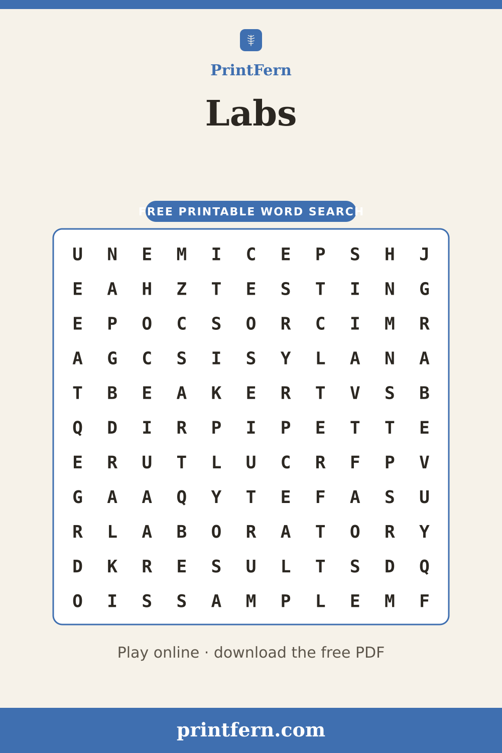 Labs Word Search, free printable PDF preview
