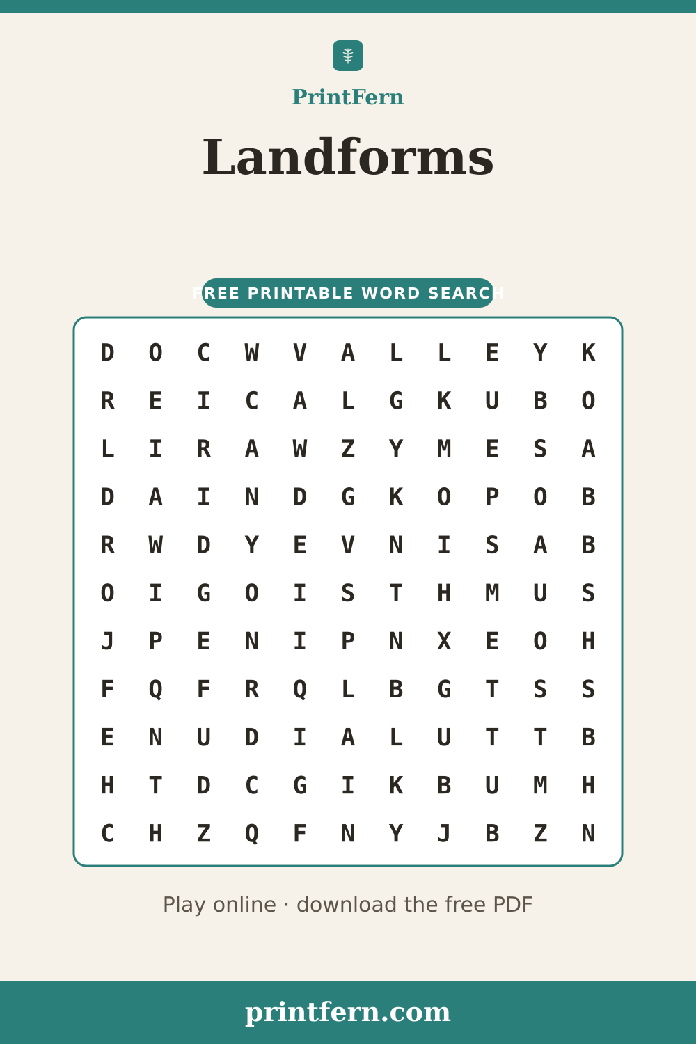 Landforms Word Search, free printable PDF preview