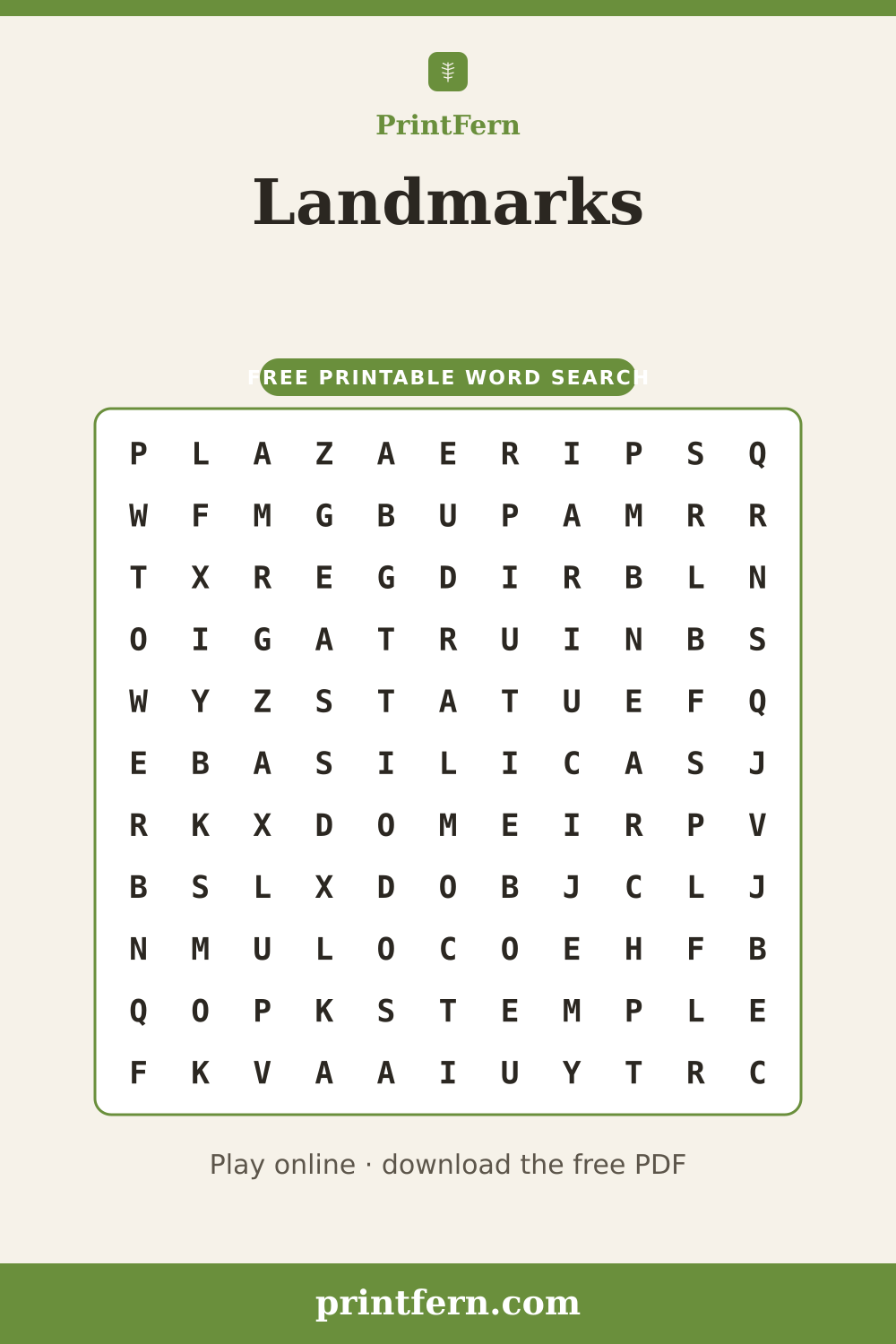 Landmarks Word Search, free printable PDF preview