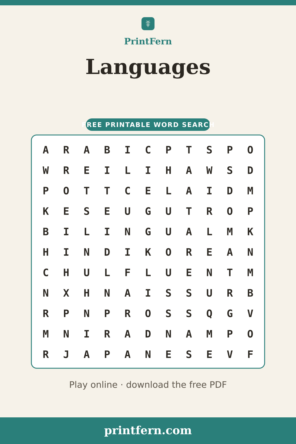 Languages Word Search, free printable PDF preview