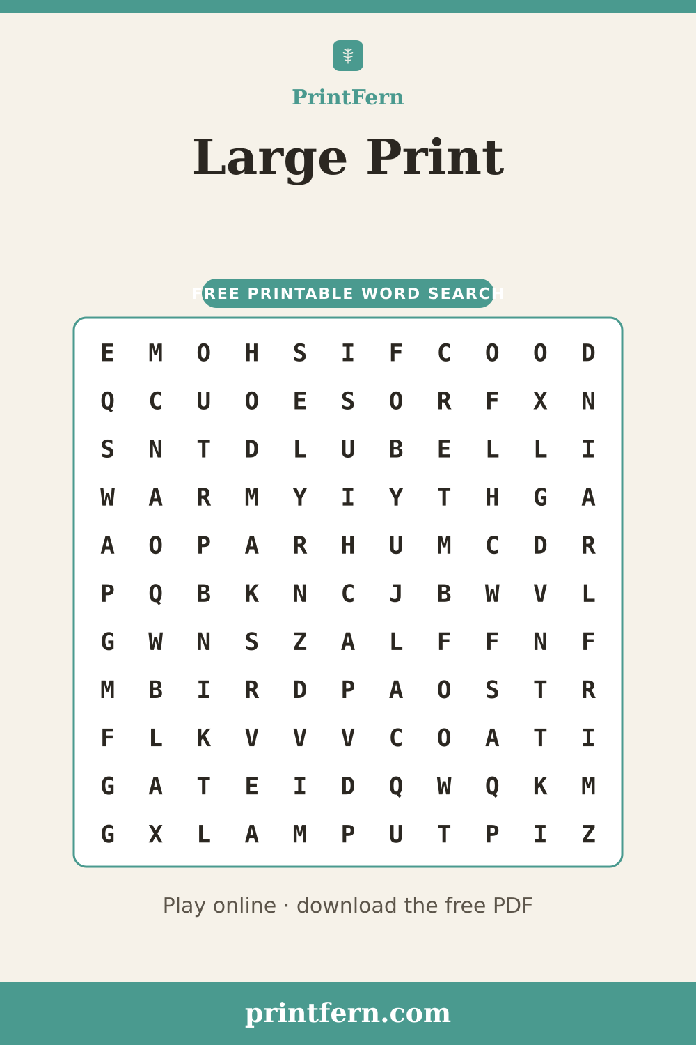 Large Print Word Search, free printable PDF preview