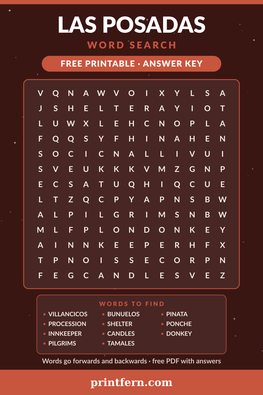 Las Posadas Word Search, free printable PDF preview
