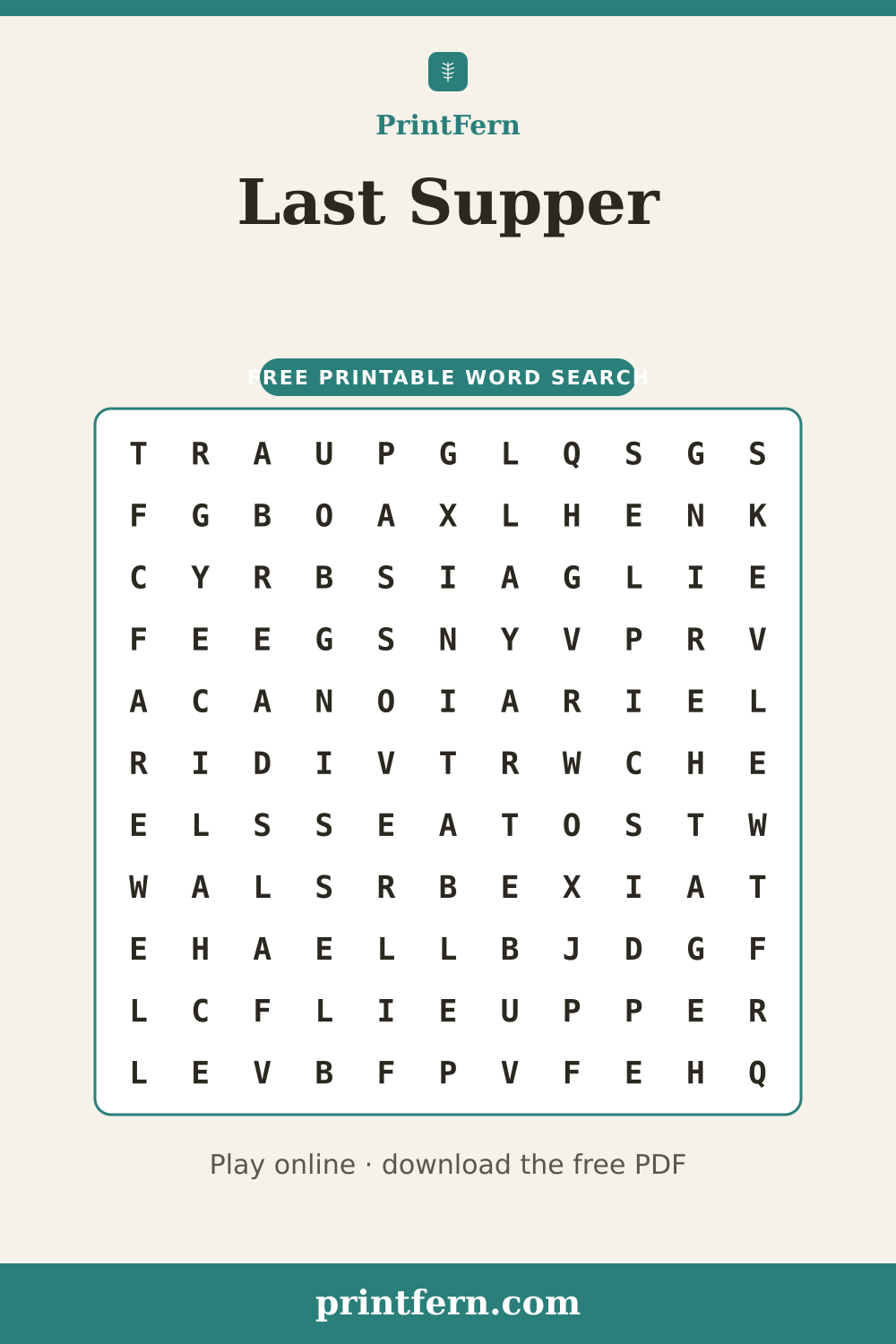 Last Supper Word Search, free printable PDF preview
