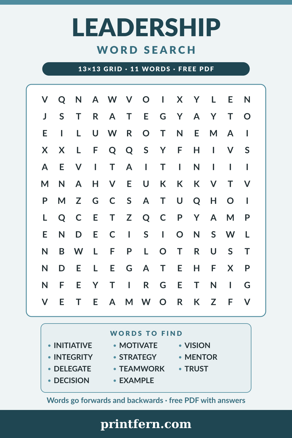 Leadership Word Search, free printable PDF preview