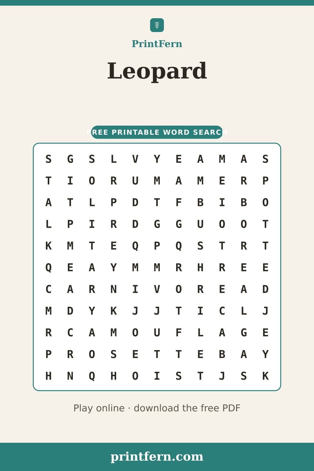 Leopard Word Search, free printable PDF preview
