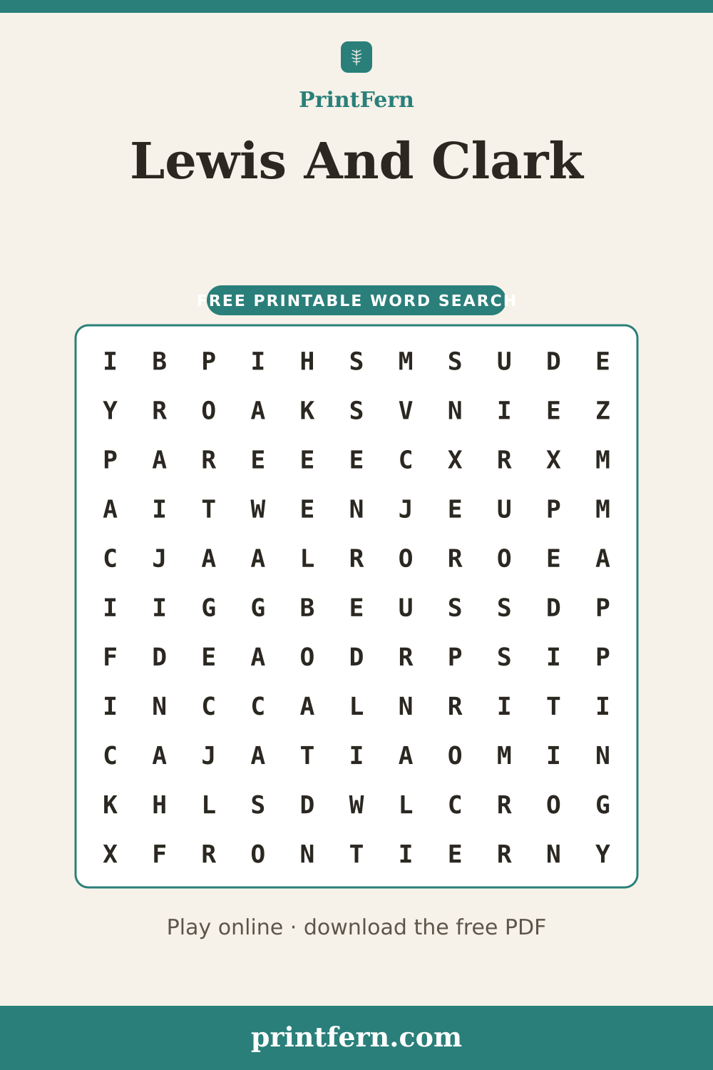 Lewis And Clark Word Search, free printable PDF preview