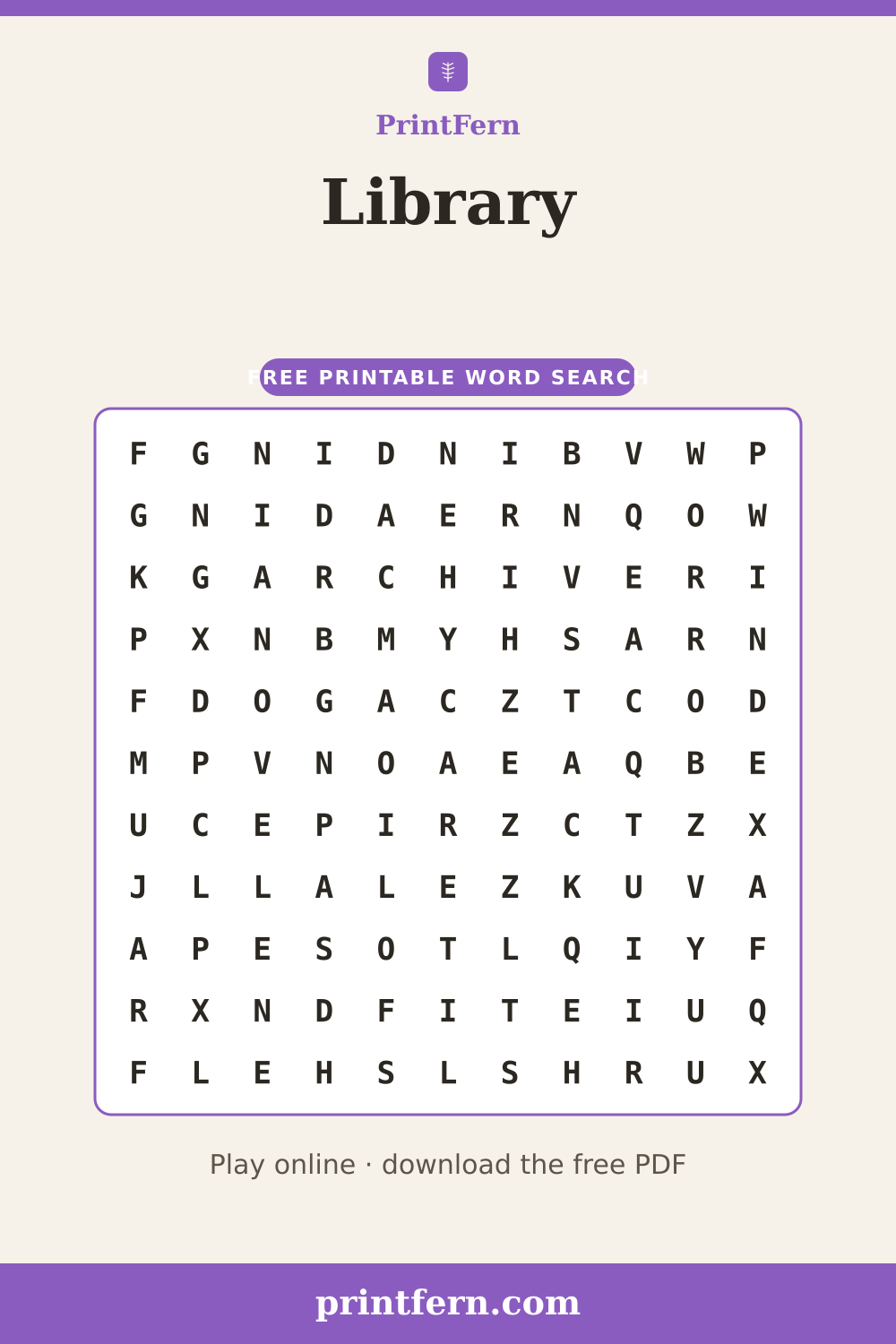 Library Word Search, free printable PDF preview