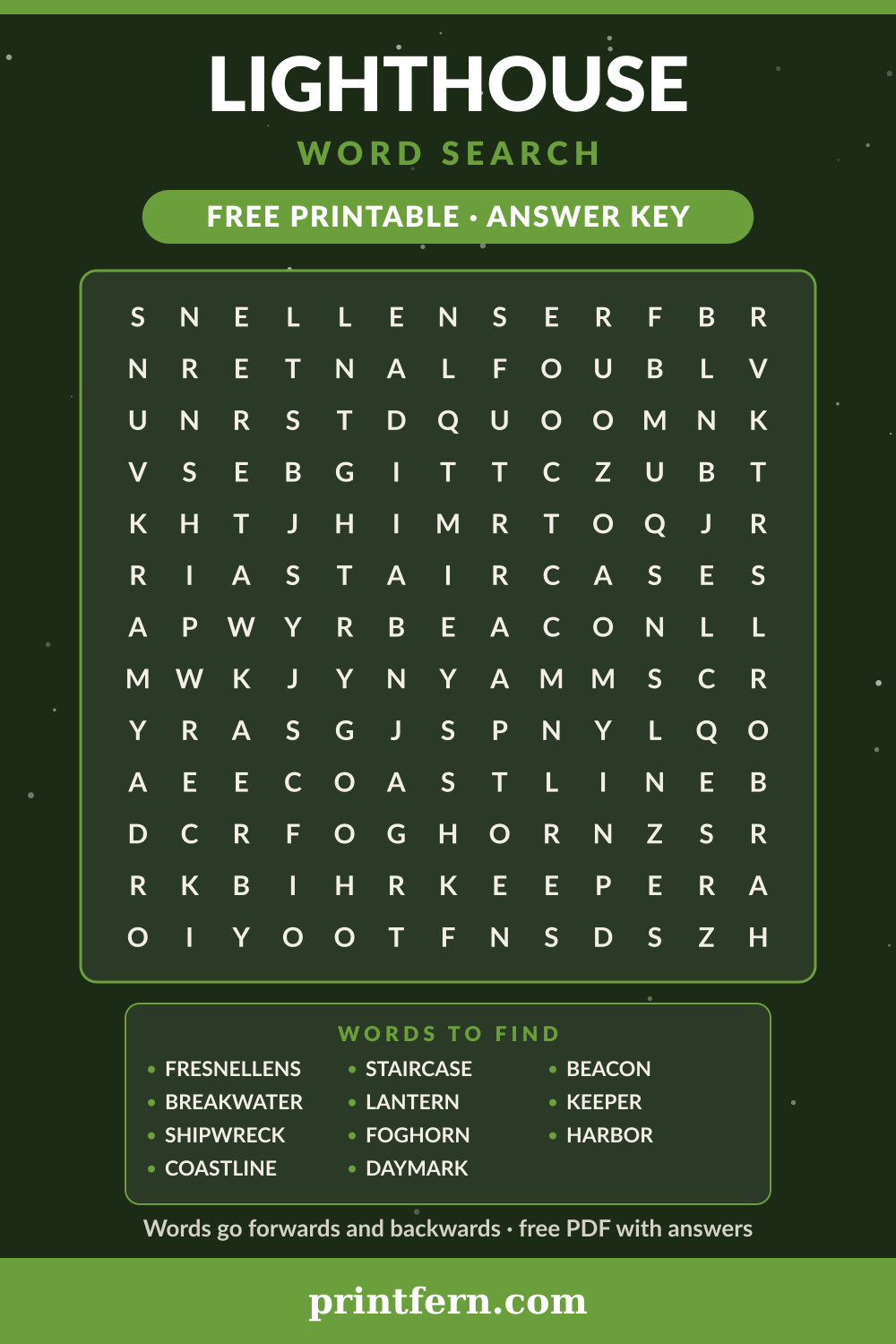 Lighthouse Word Search, free printable PDF preview