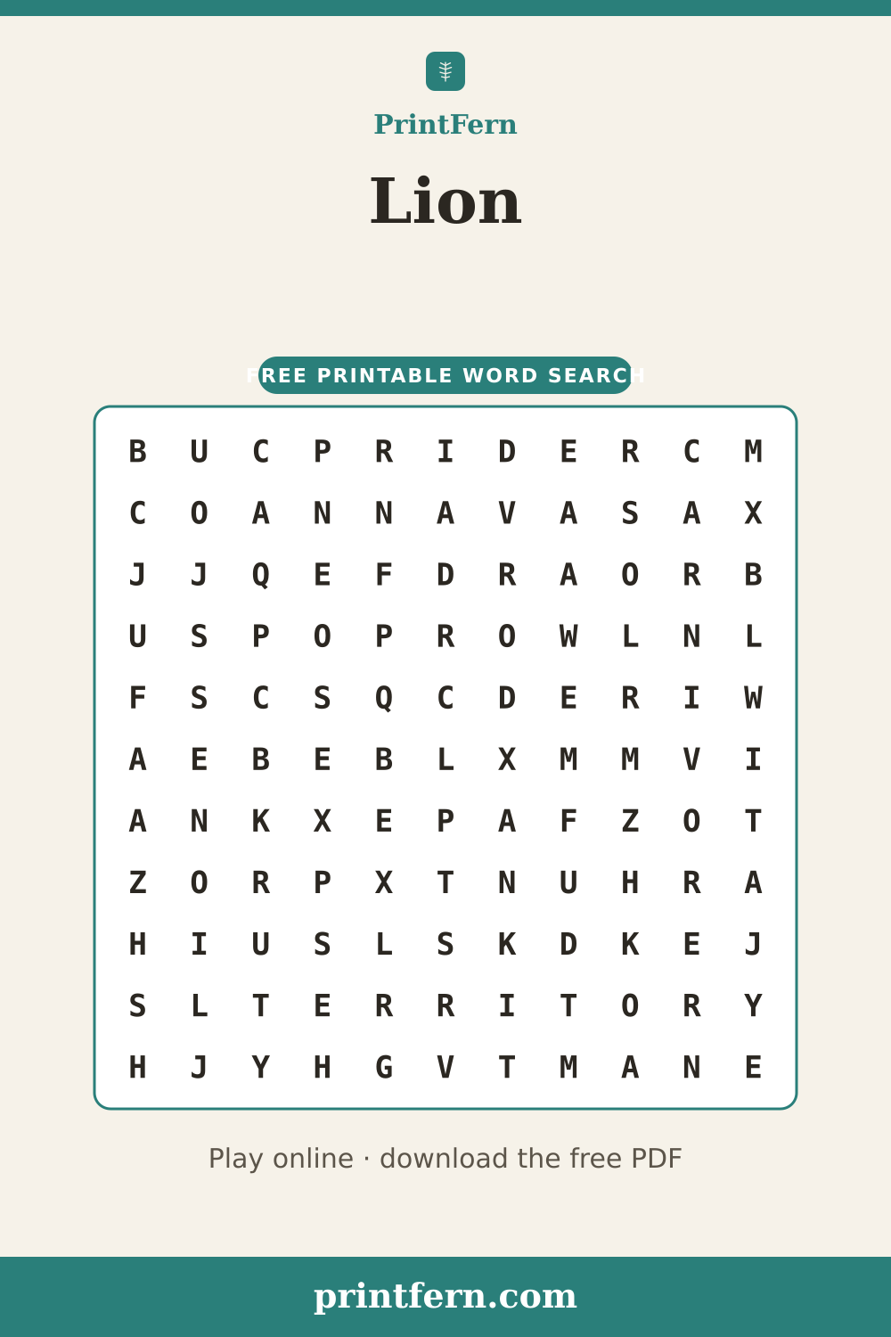 Lion Word Search, free printable PDF preview