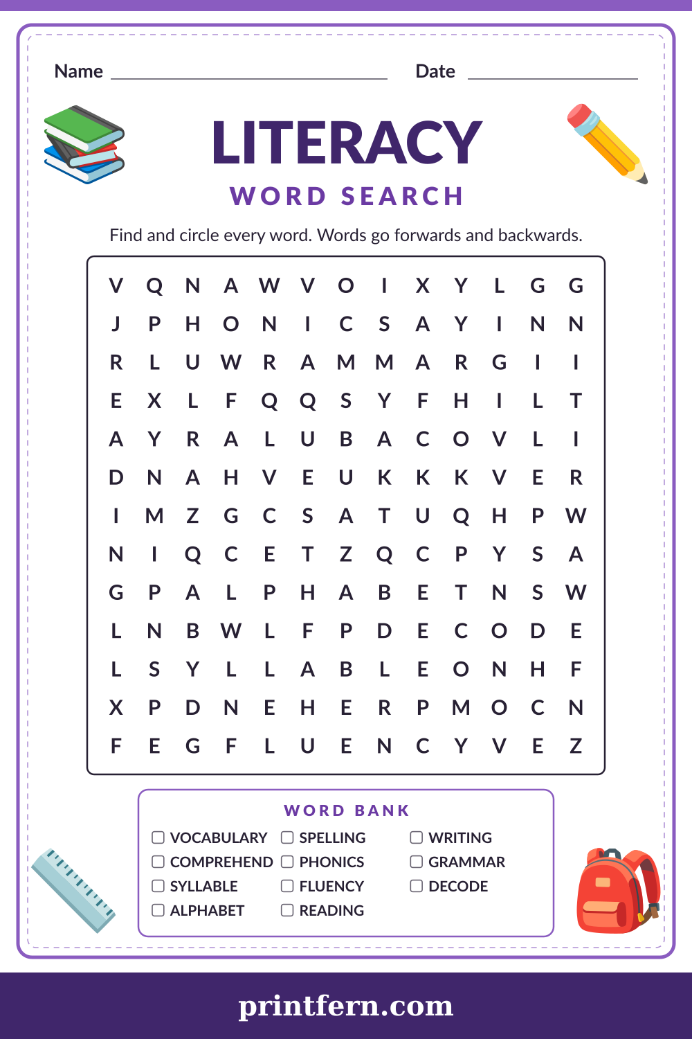 Literacy Word Search, free printable PDF preview