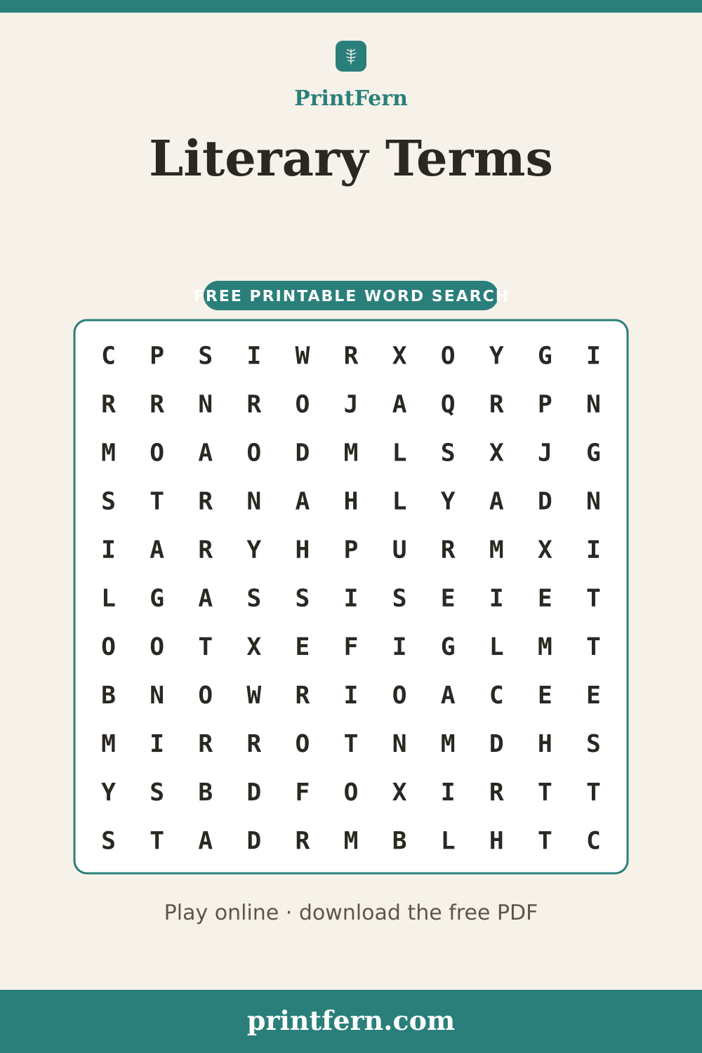 Literary Terms Word Search, free printable PDF preview