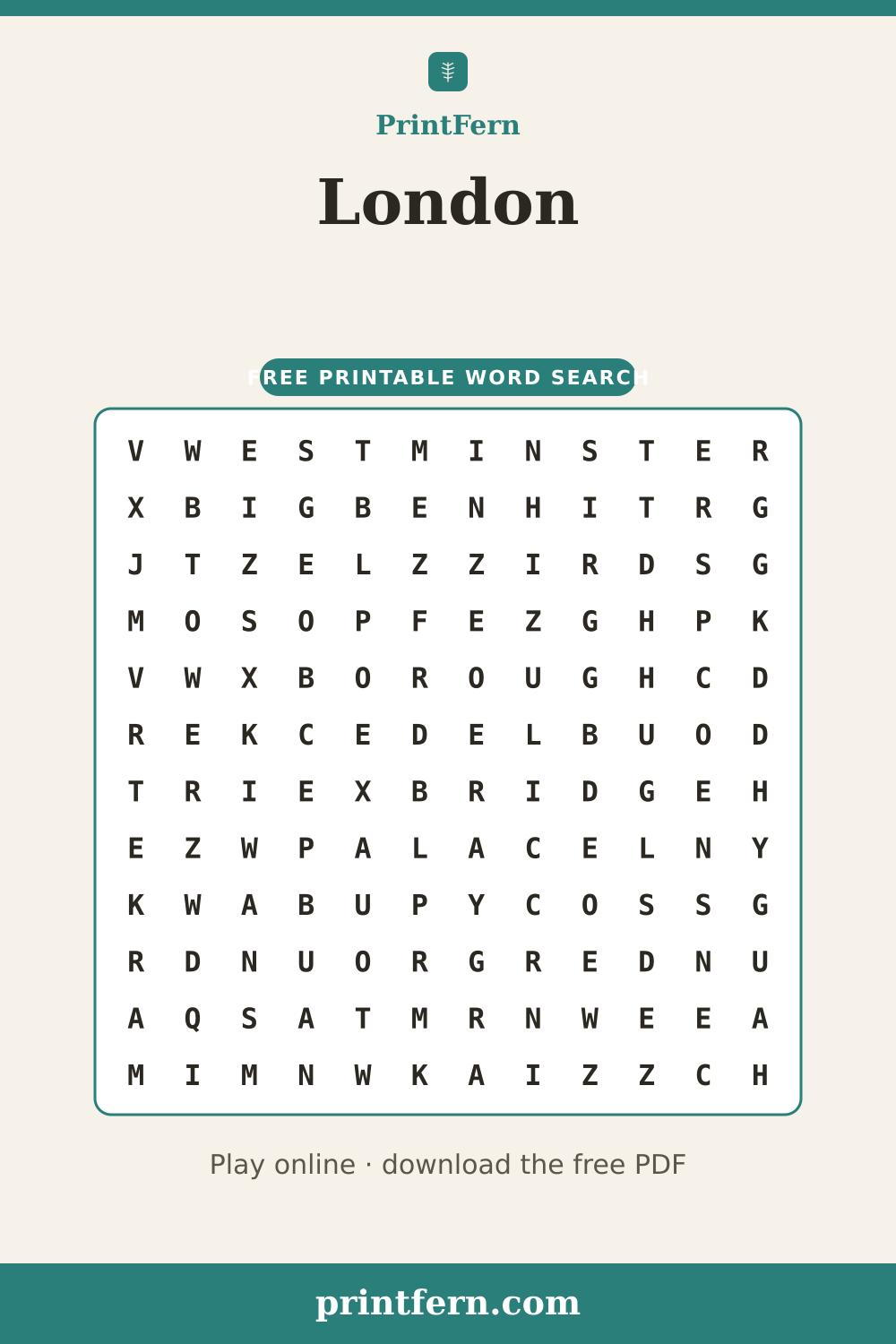 London Word Search, free printable PDF preview