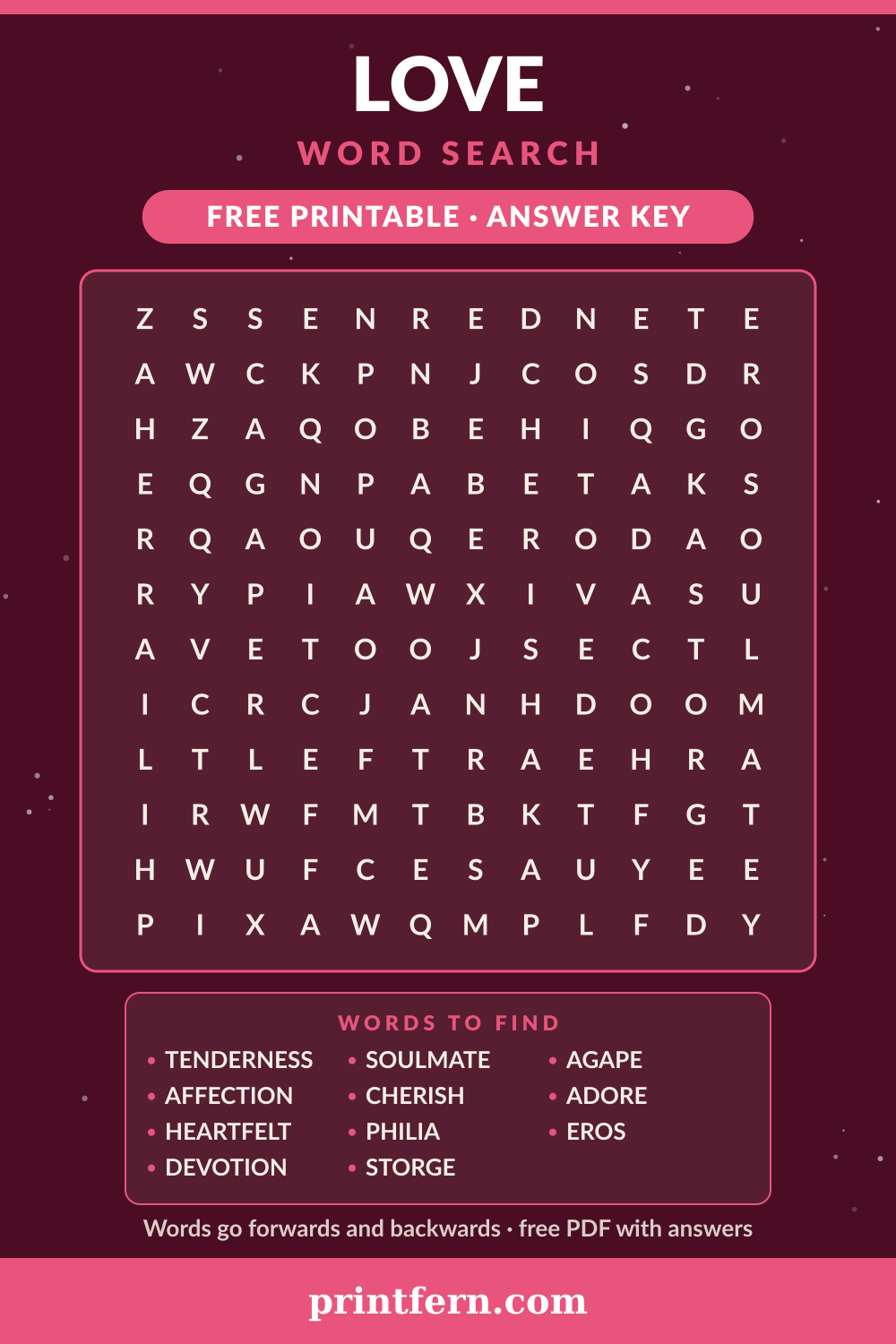 Love Word Search, free printable PDF preview