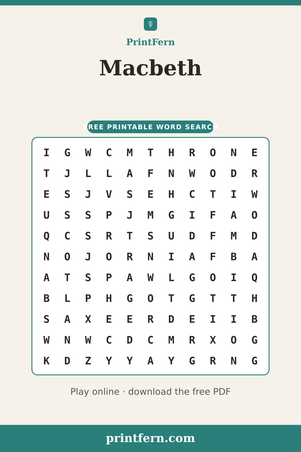 Macbeth Word Search, free printable PDF preview