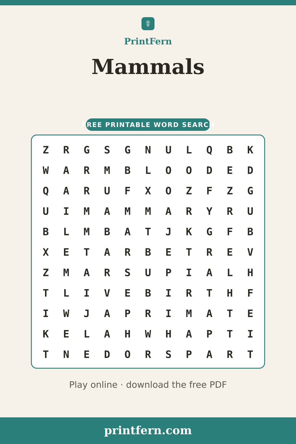 Mammals Word Search, free printable PDF preview