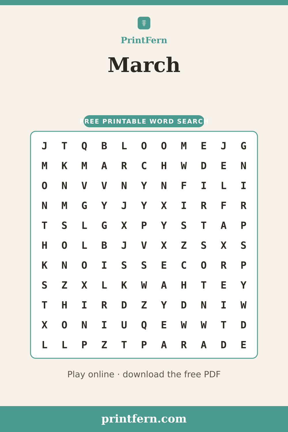 March Word Search, free printable PDF preview