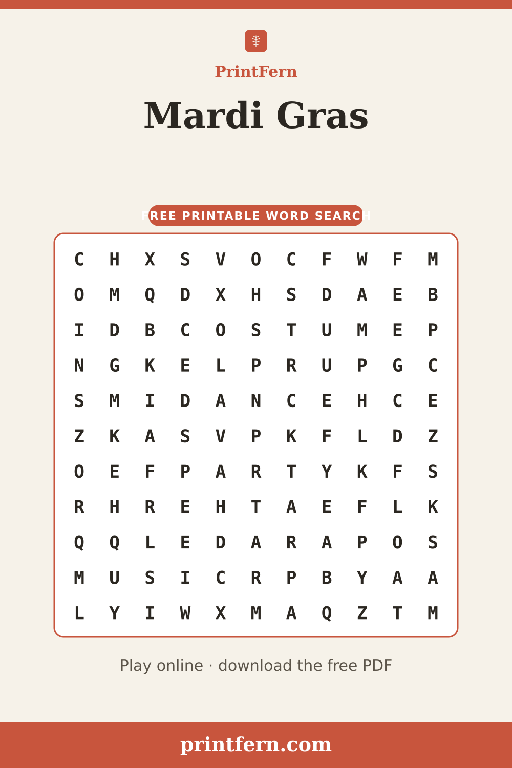 Mardi Gras Word Search, free printable PDF preview