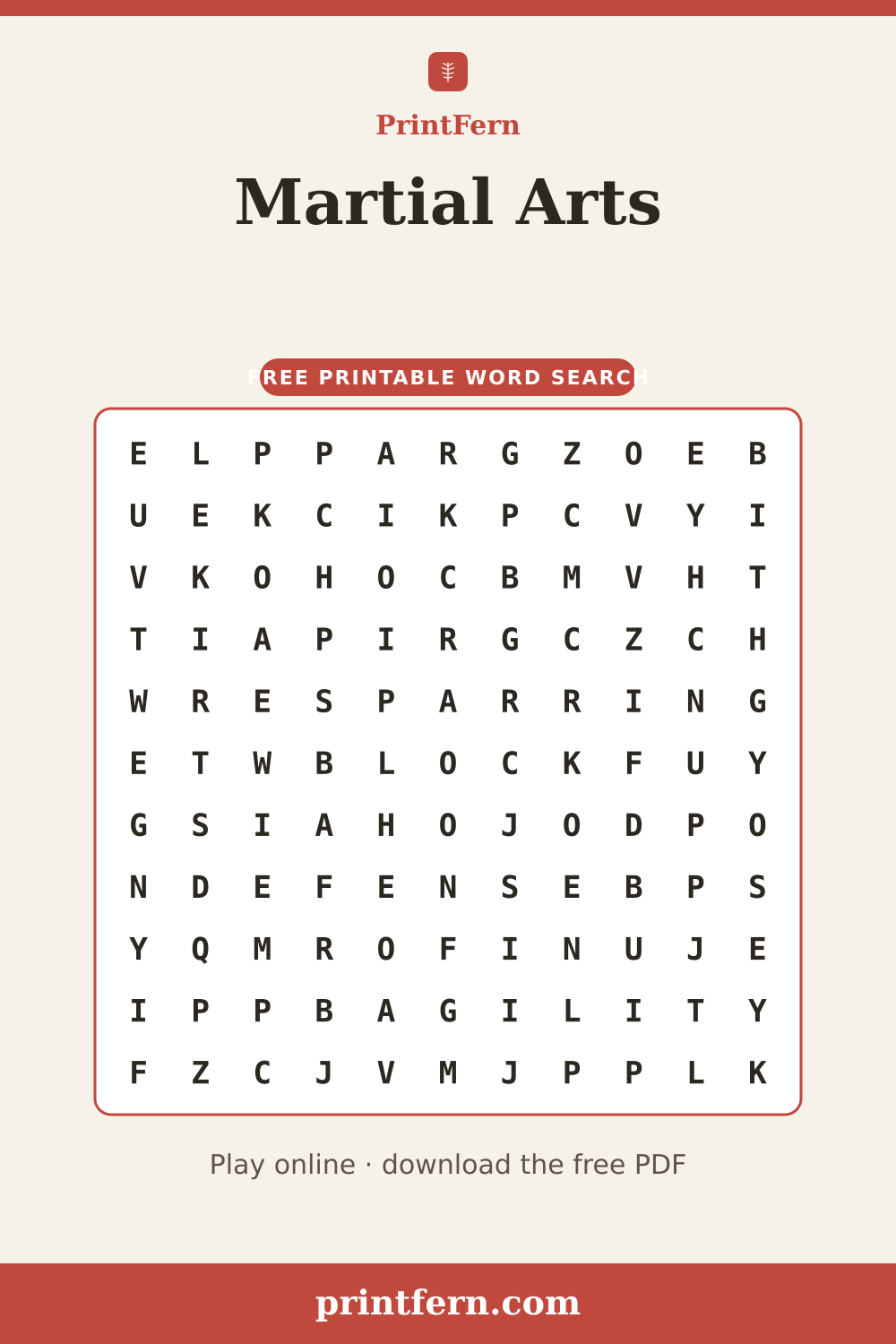 Martial Arts Word Search, free printable PDF preview
