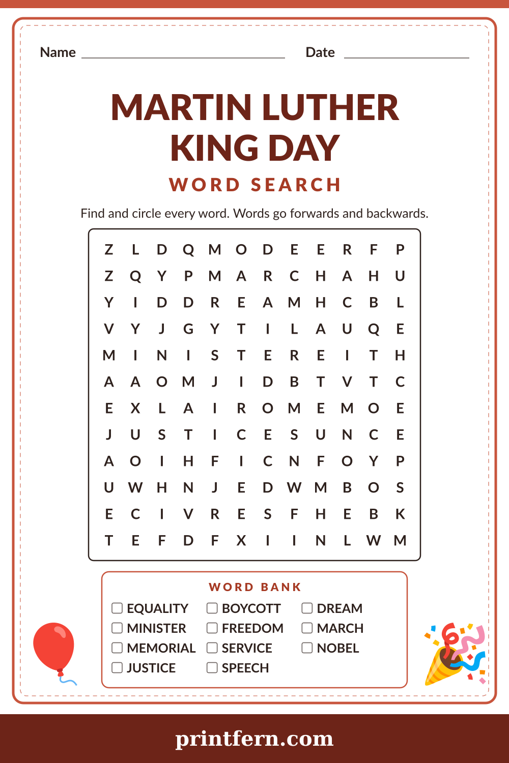 Martin Luther King Day Word Search, free printable PDF preview