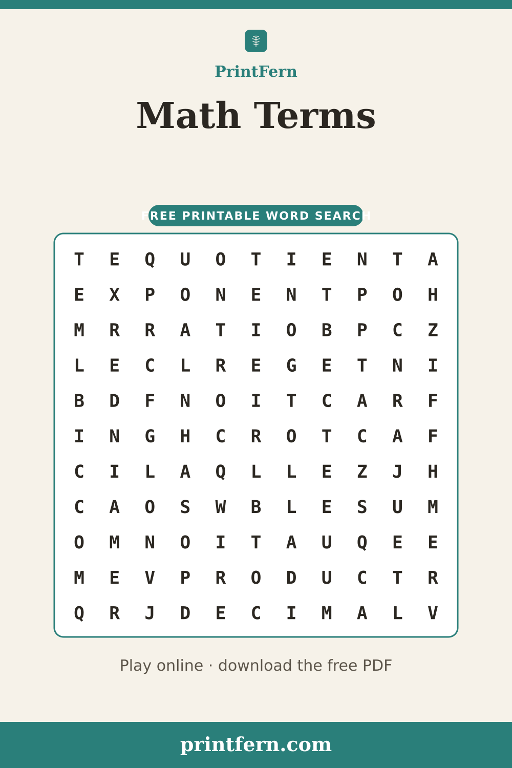 Math Terms Word Search, free printable PDF preview