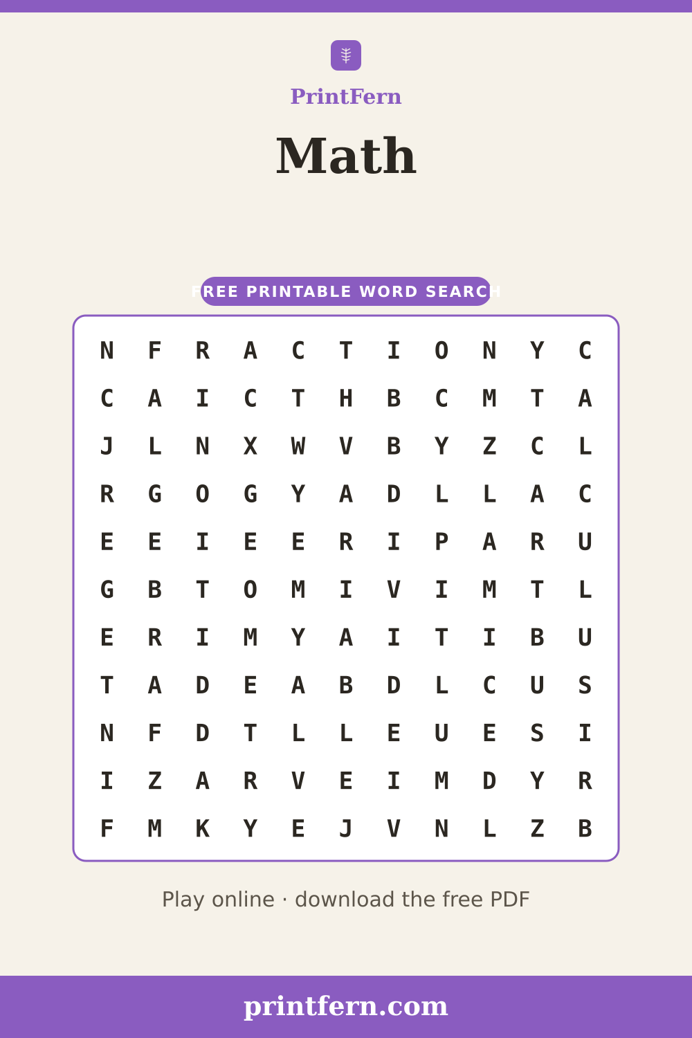Math Word Search, free printable PDF preview