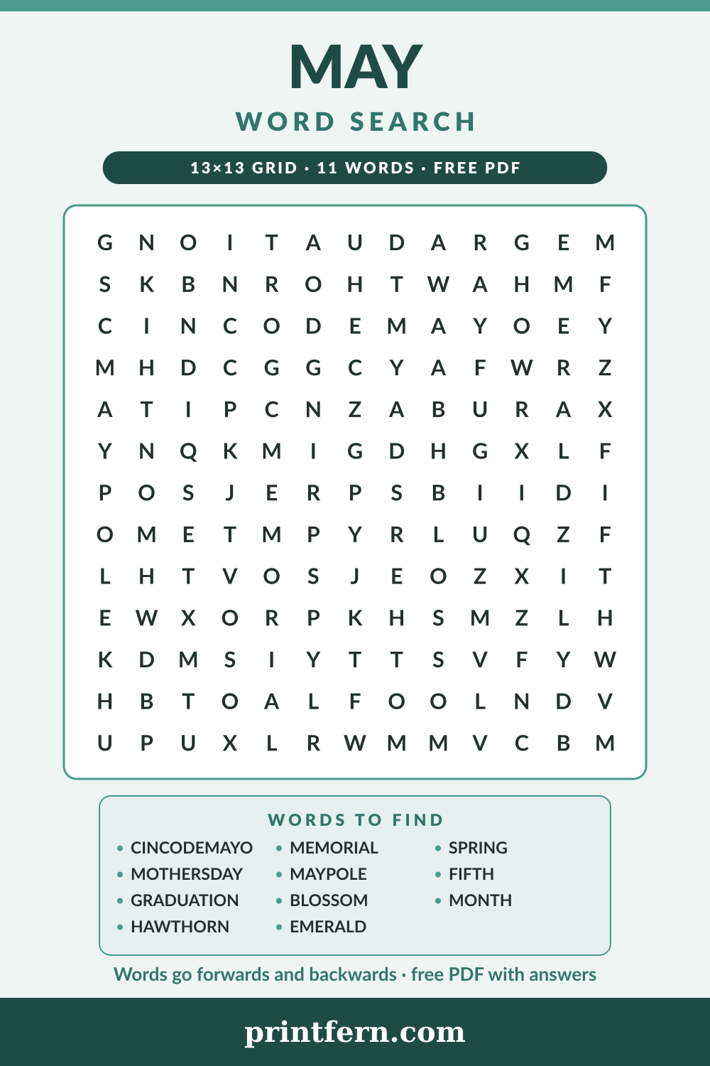 May Word Search, free printable PDF preview