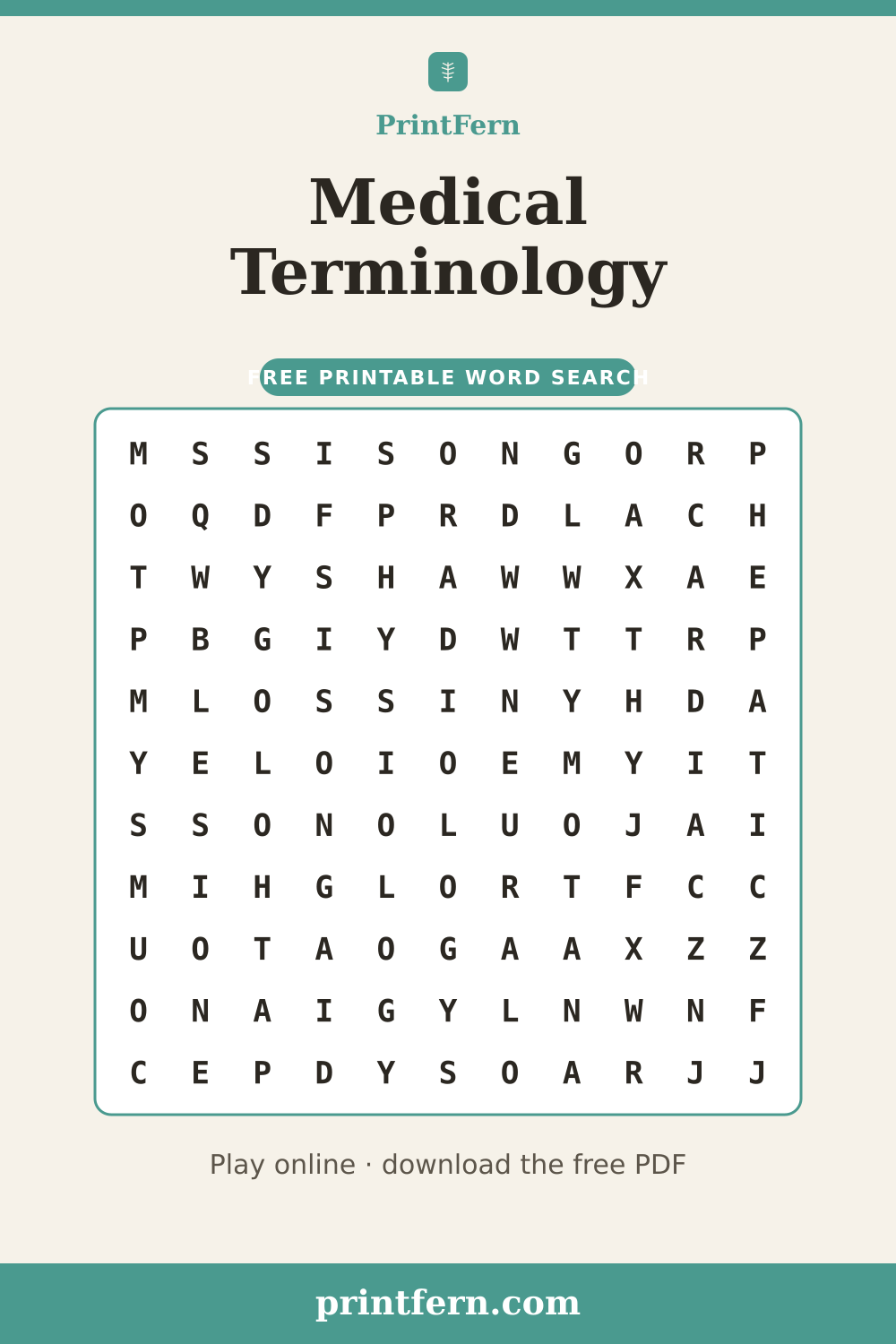 Medical Terminology Word Search, free printable PDF preview