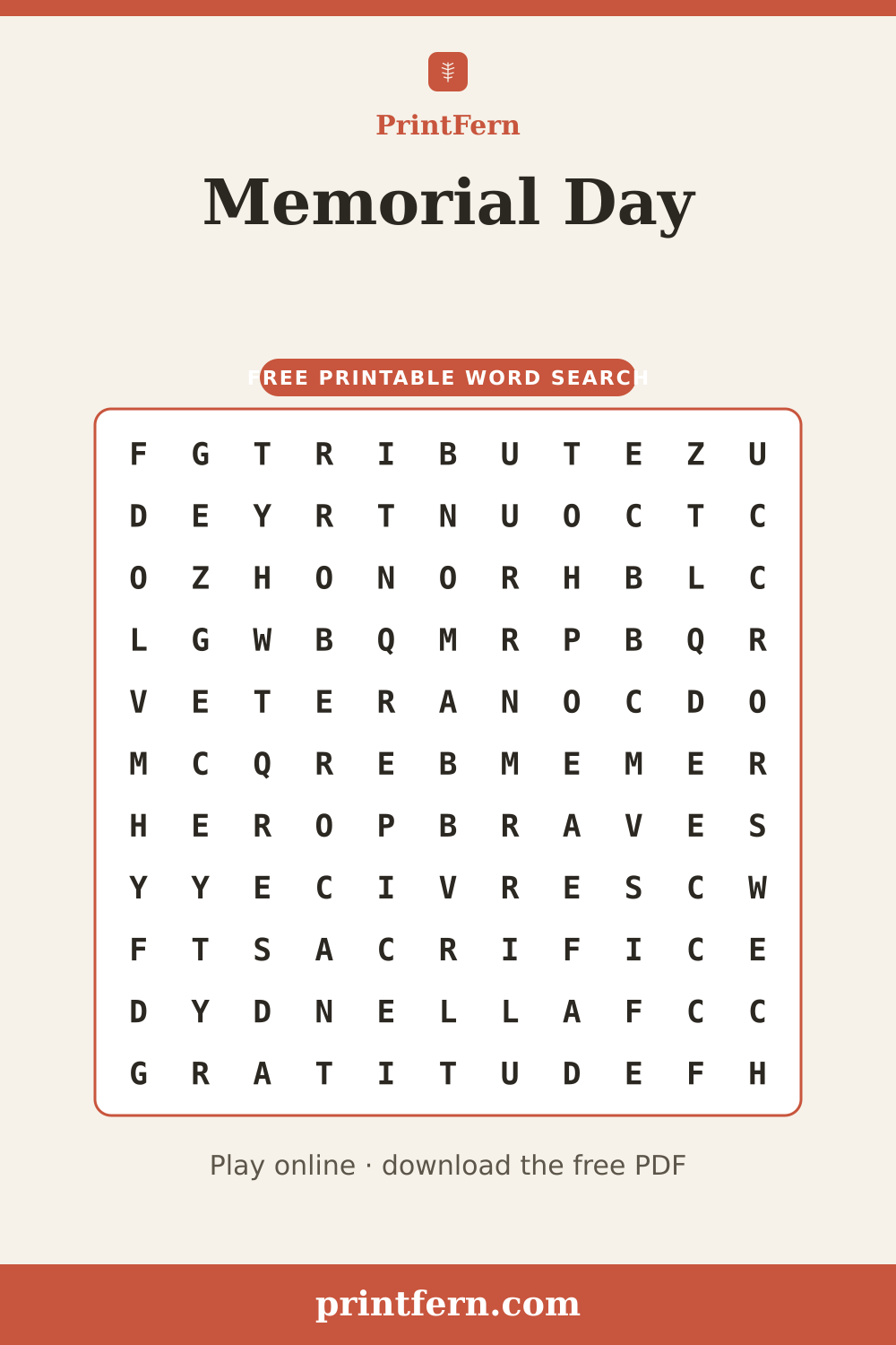 Memorial Day Word Search, free printable PDF preview