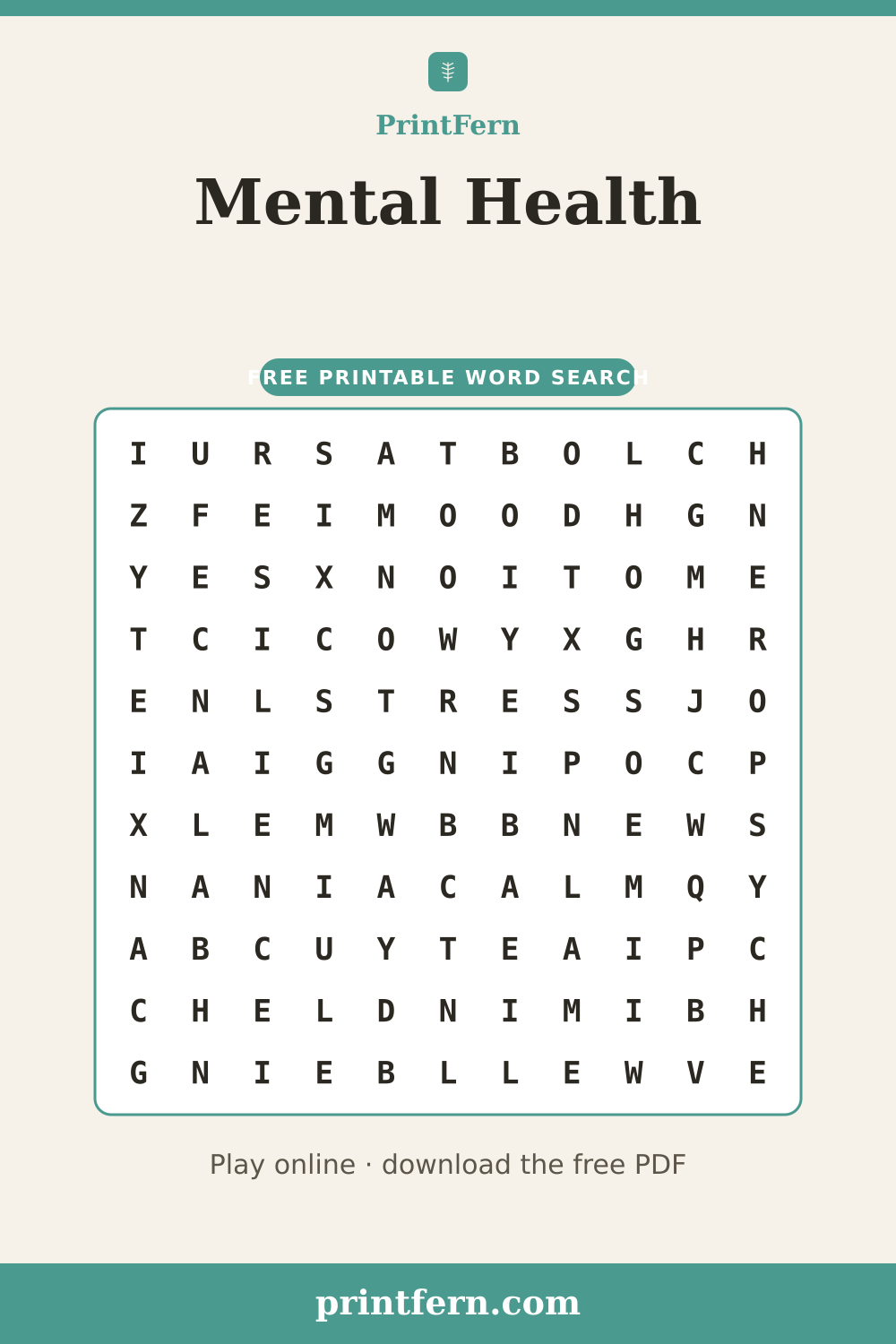 Mental Health Word Search, free printable PDF preview