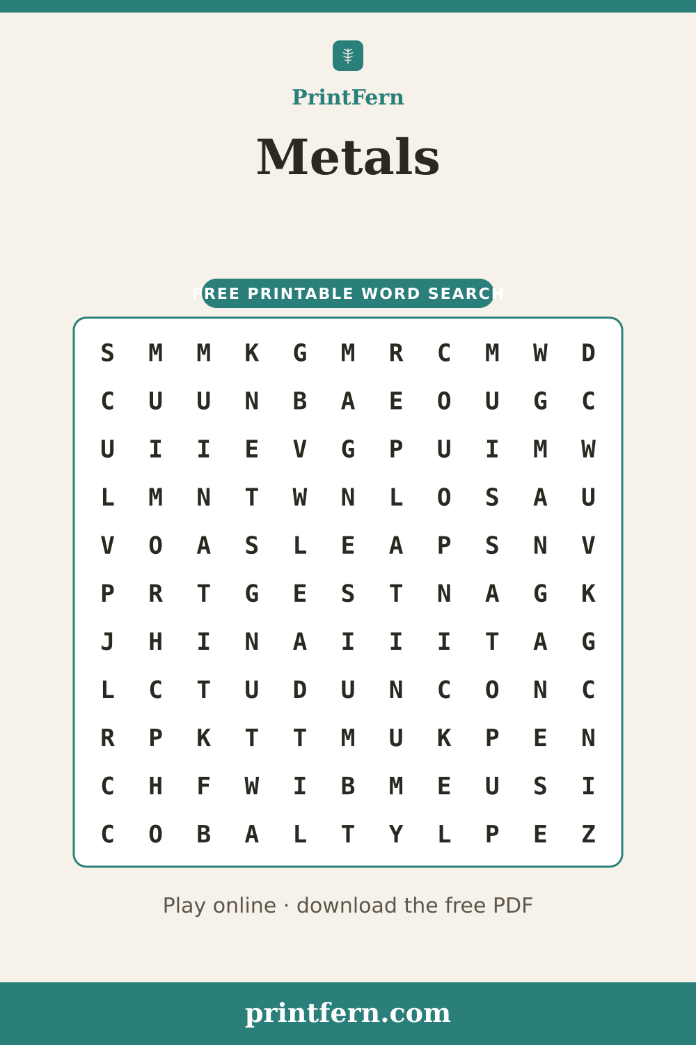 Metals Word Search, free printable PDF preview