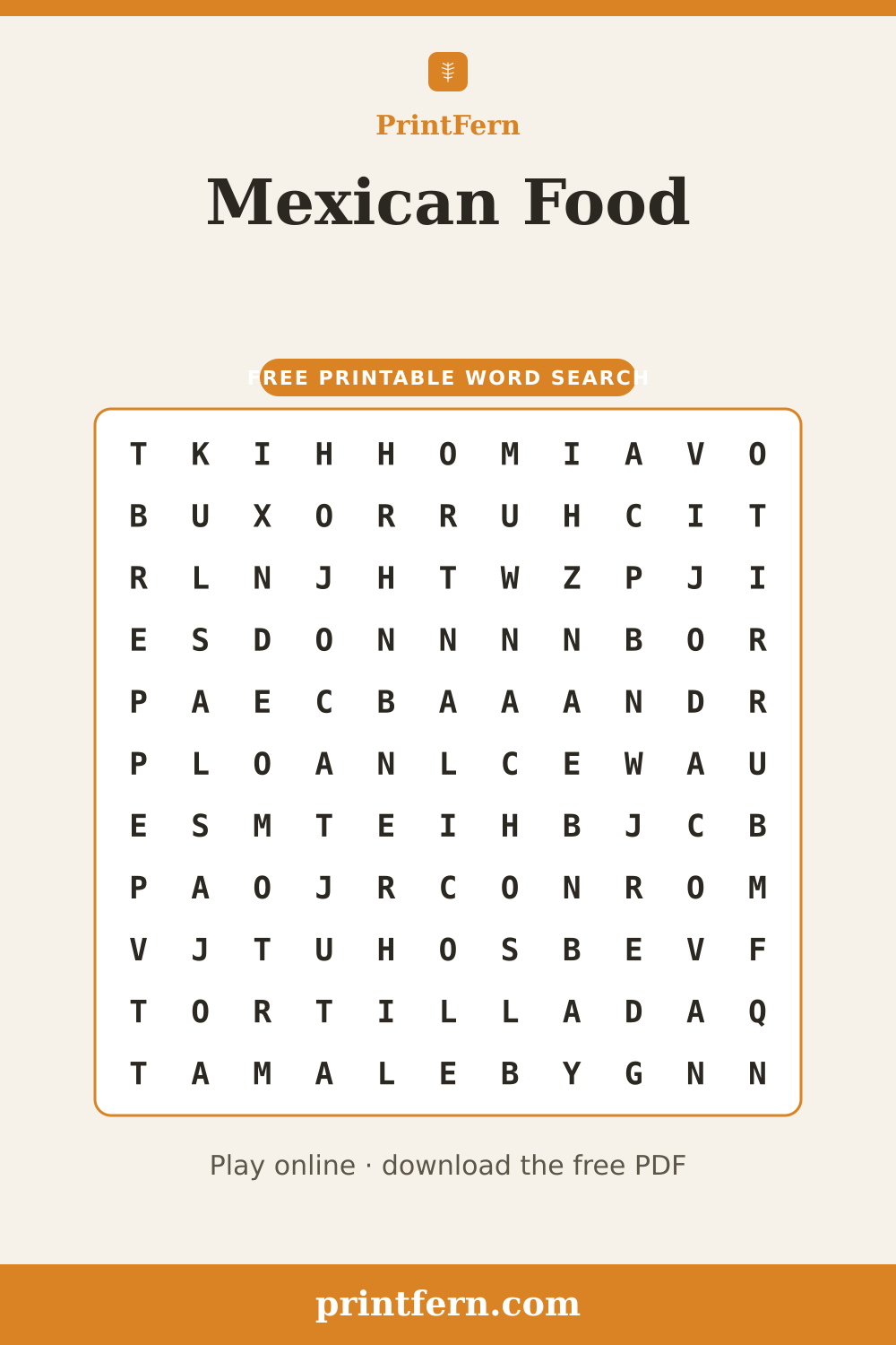 Mexican Food Word Search, free printable PDF preview