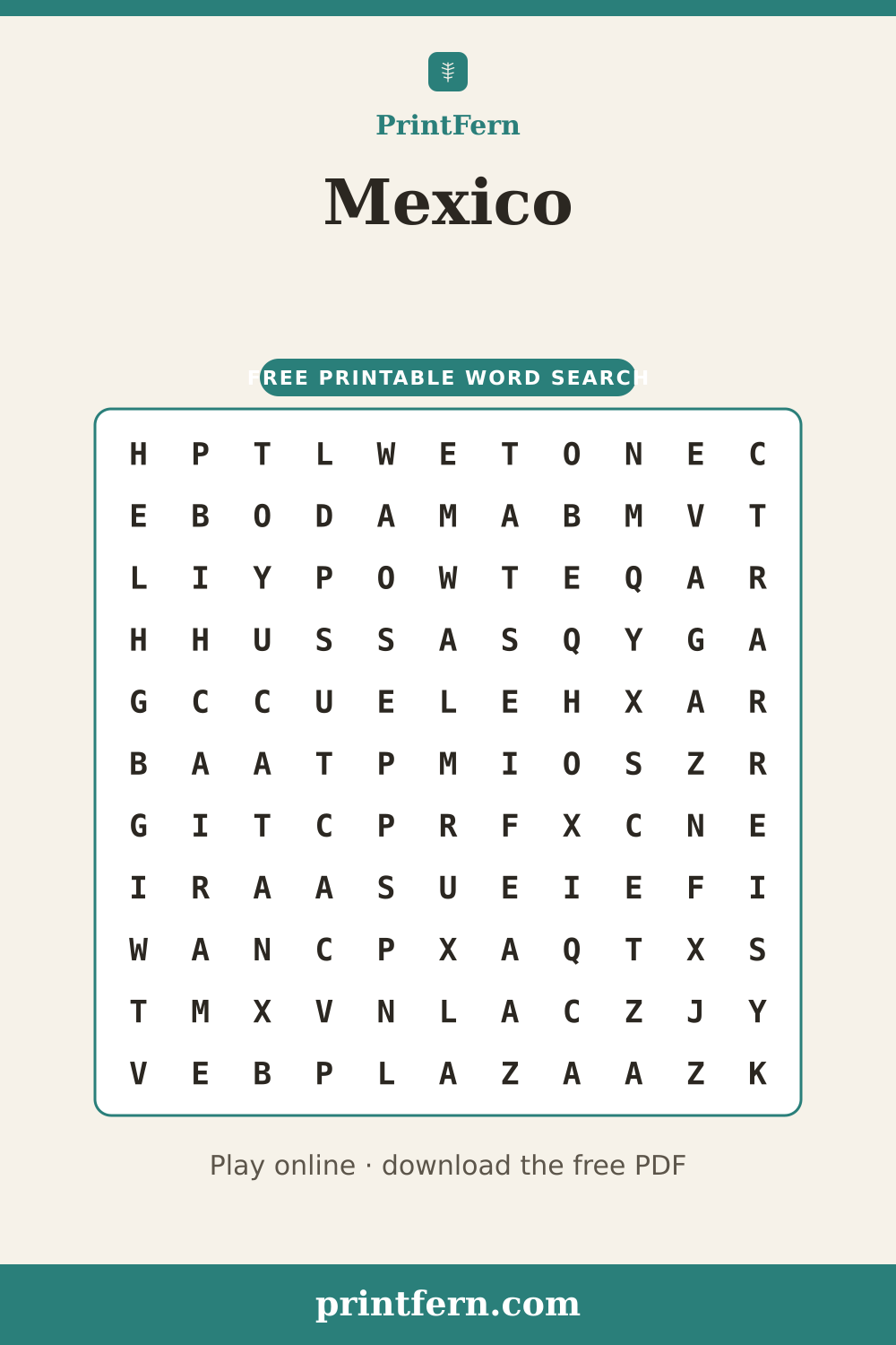 Mexico Word Search, free printable PDF preview