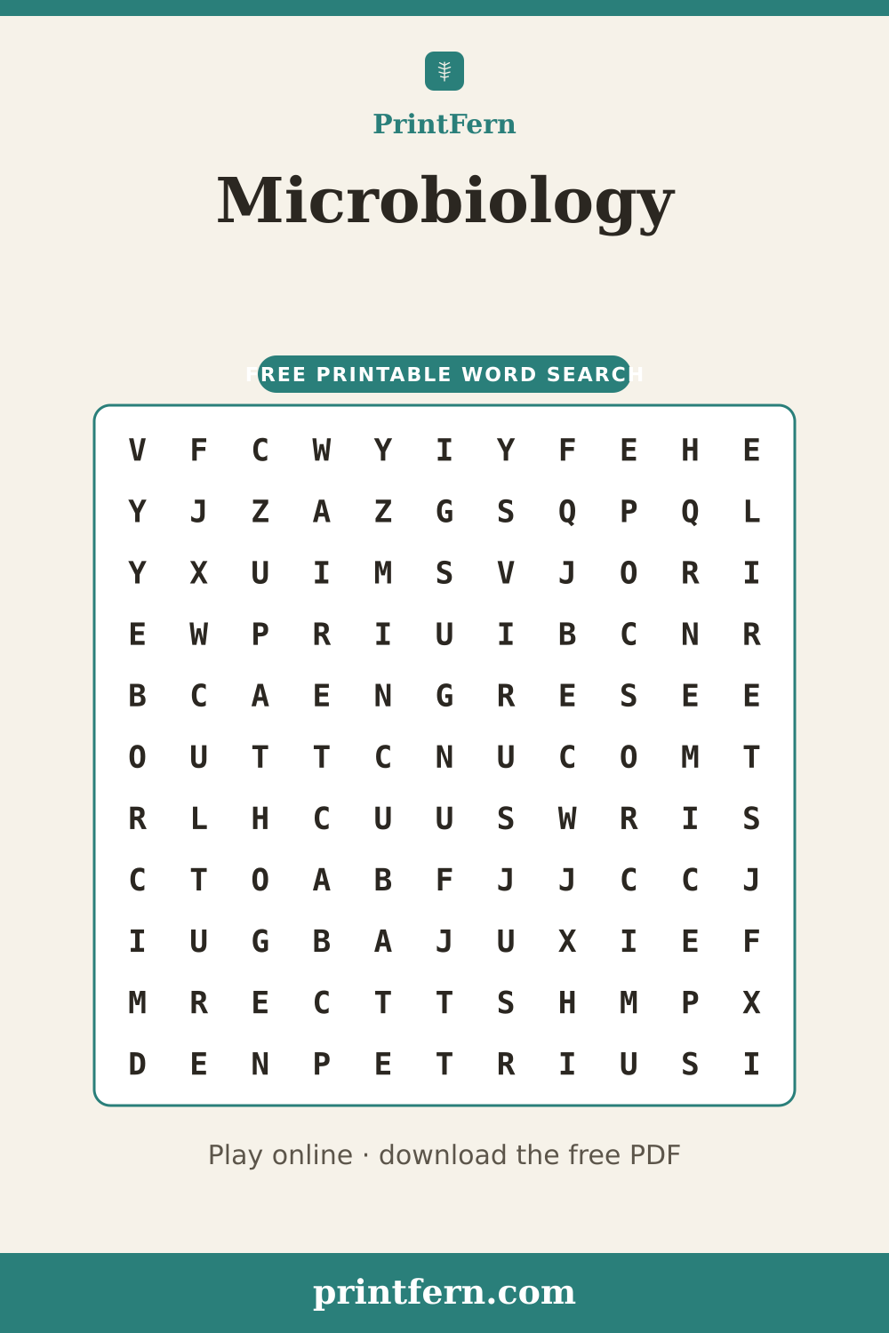 Microbiology Word Search, free printable PDF preview