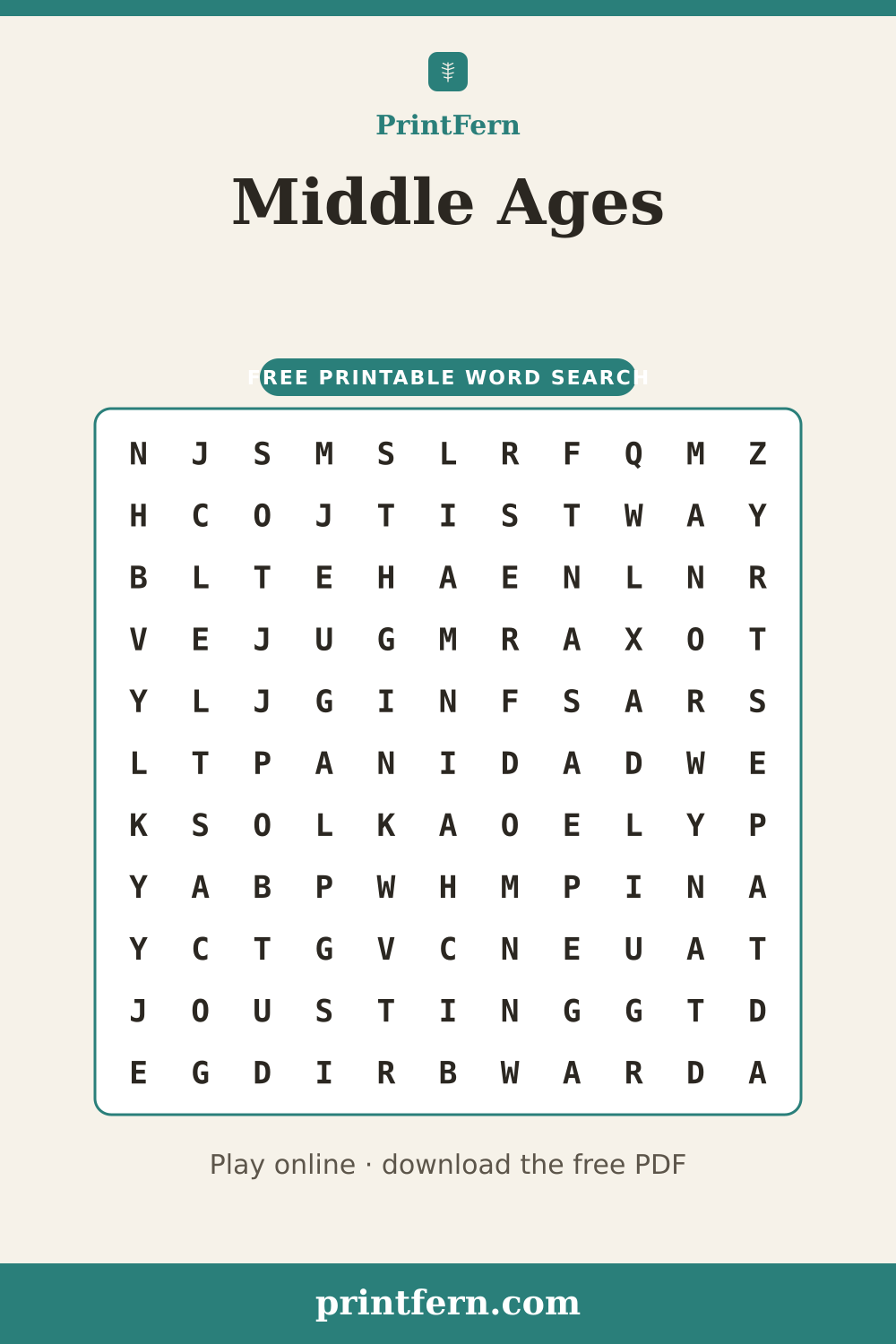 Middle Ages Word Search, free printable PDF preview