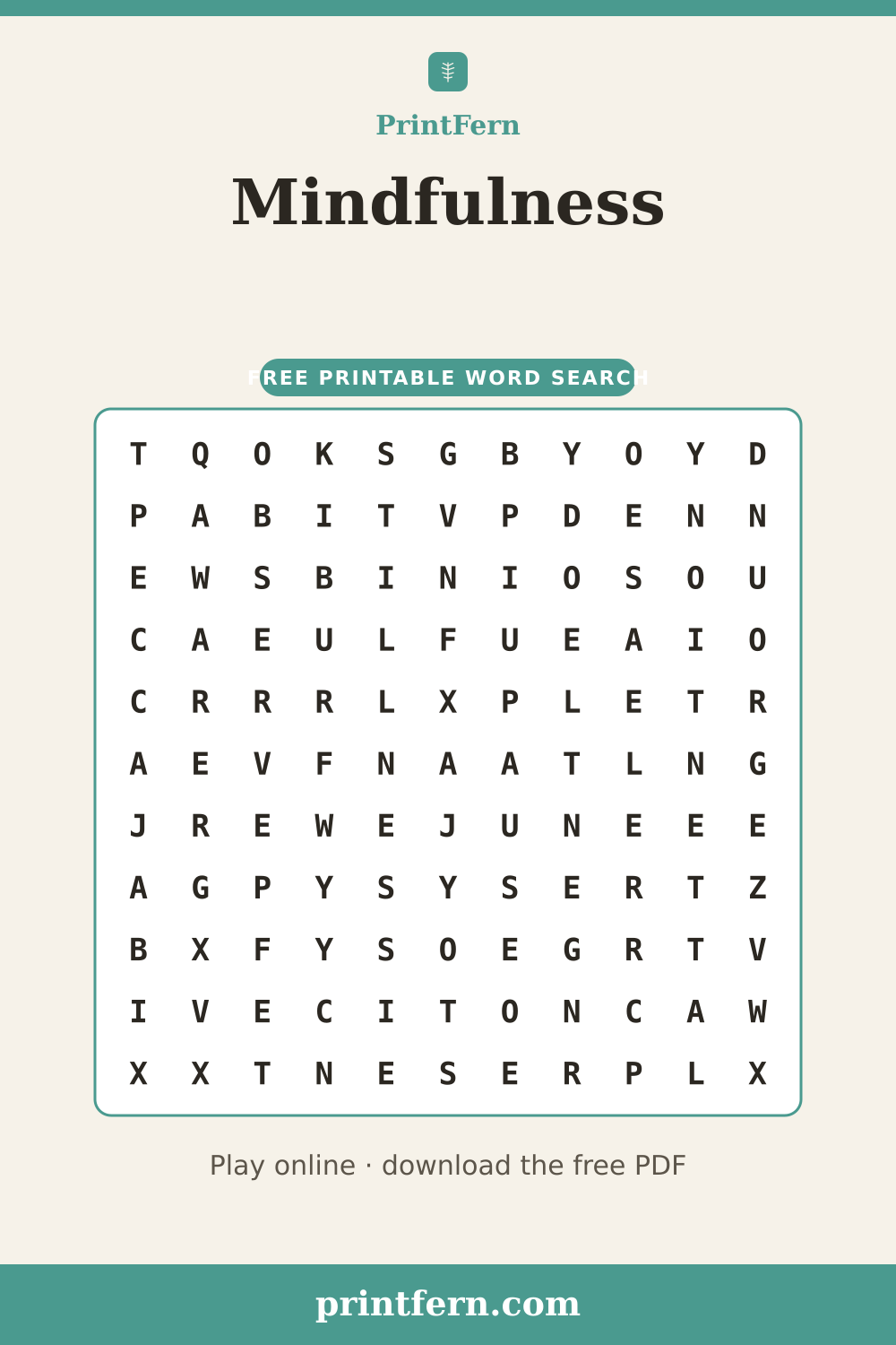 Mindfulness Word Search, free printable PDF preview