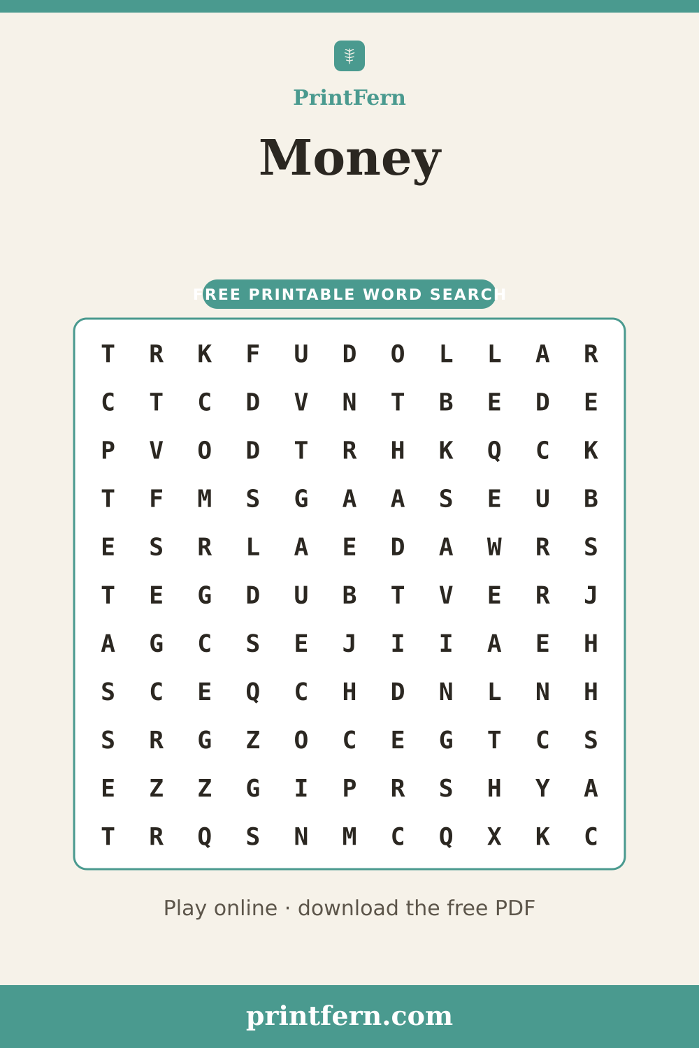 Money Word Search, free printable PDF preview