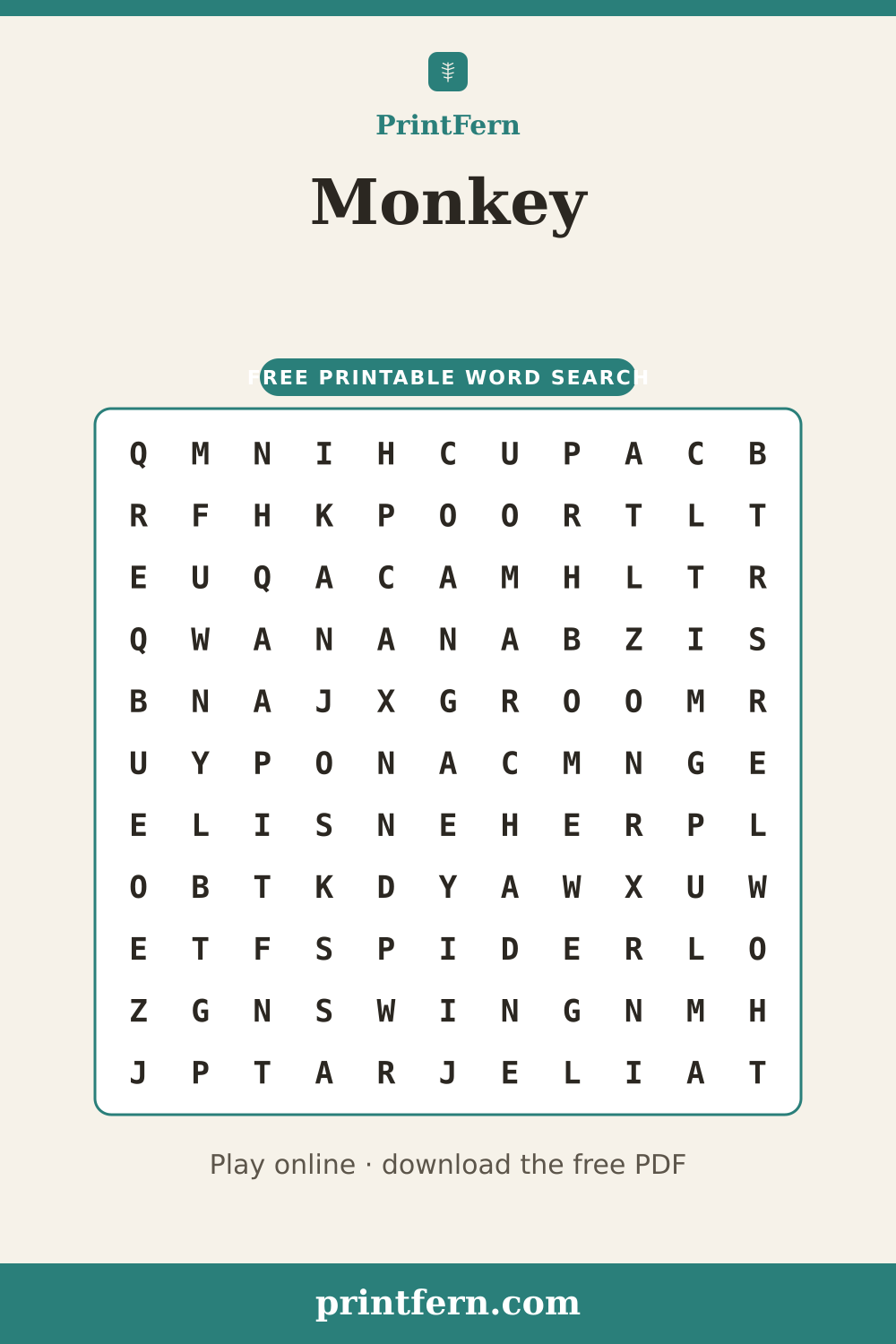 Monkey Word Search, free printable PDF preview