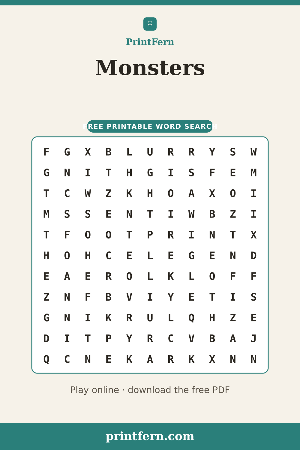 Monsters Word Search, free printable PDF preview