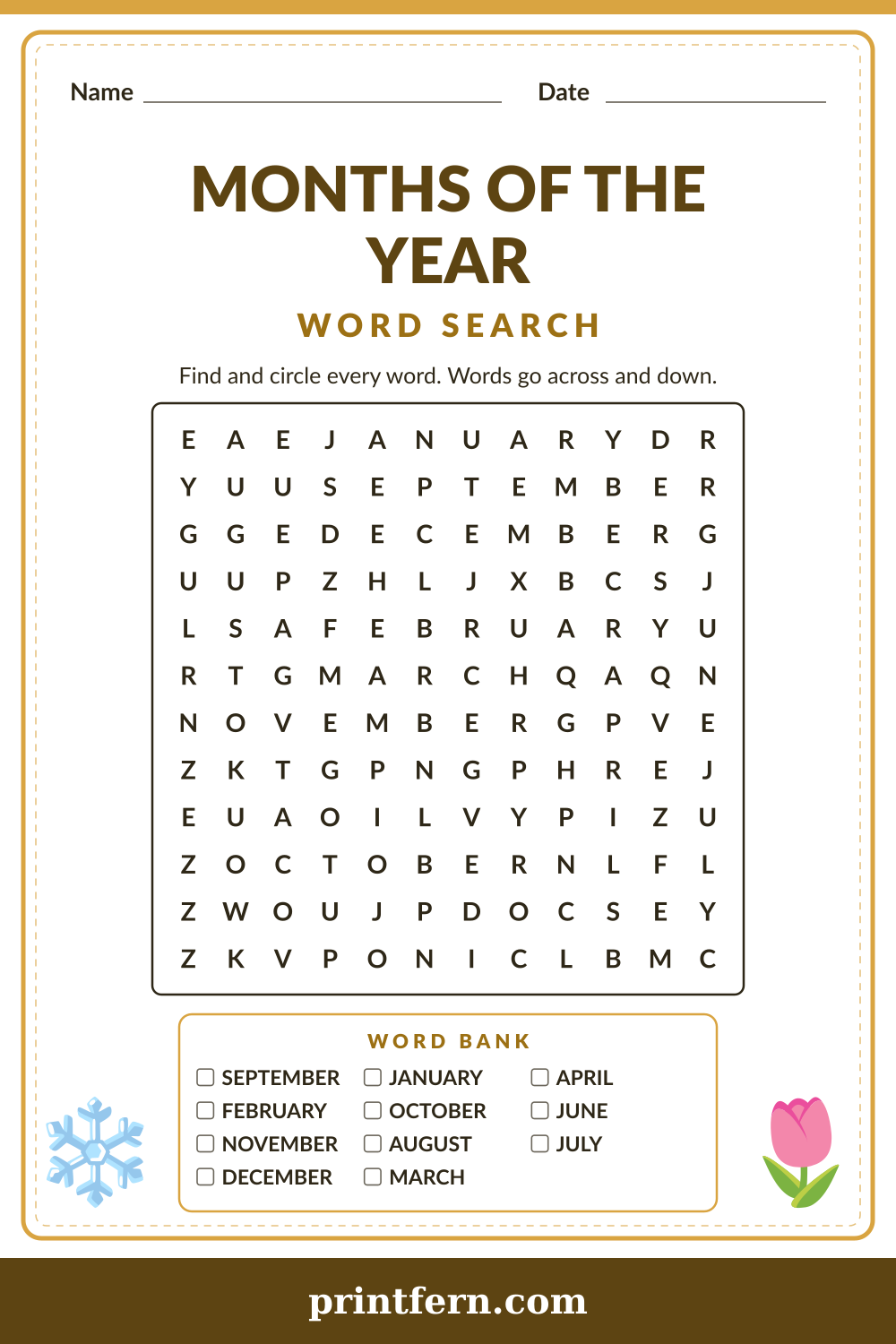 Months of the Year Word Search, free printable PDF preview