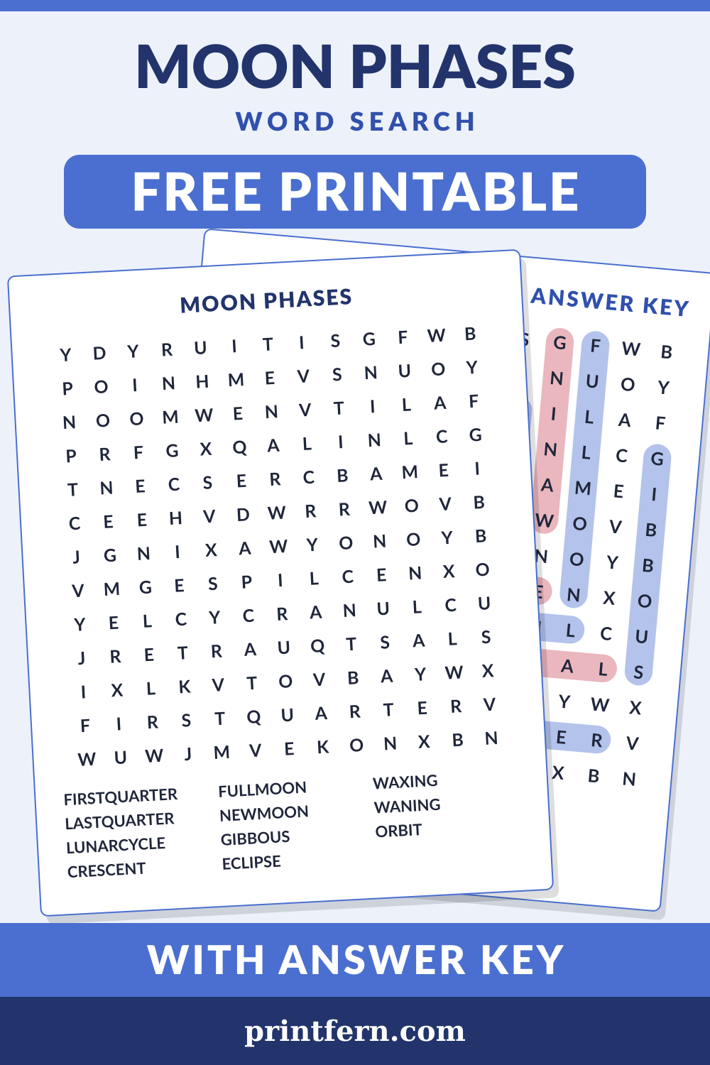 Moon Phases Word Search, free printable PDF preview