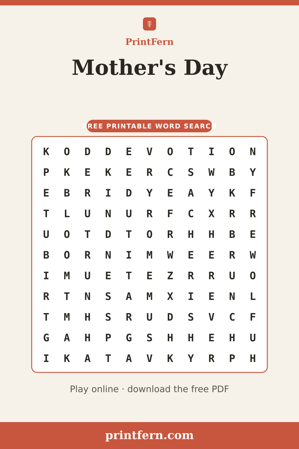 Mother's Day Word Search, free printable PDF preview