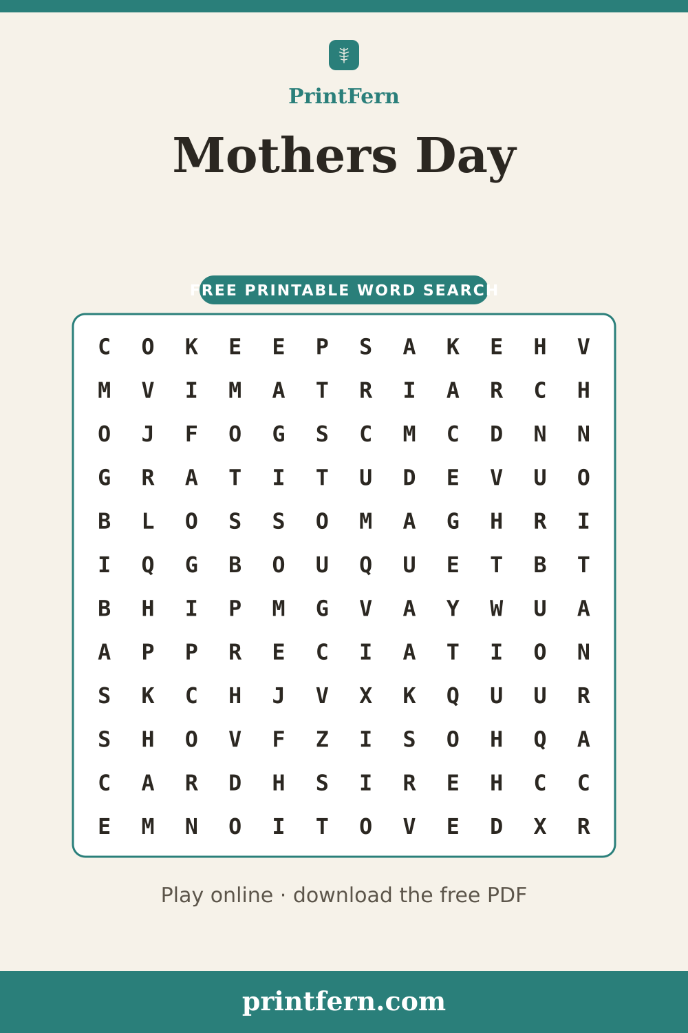Mothers Day Word Search, free printable PDF preview